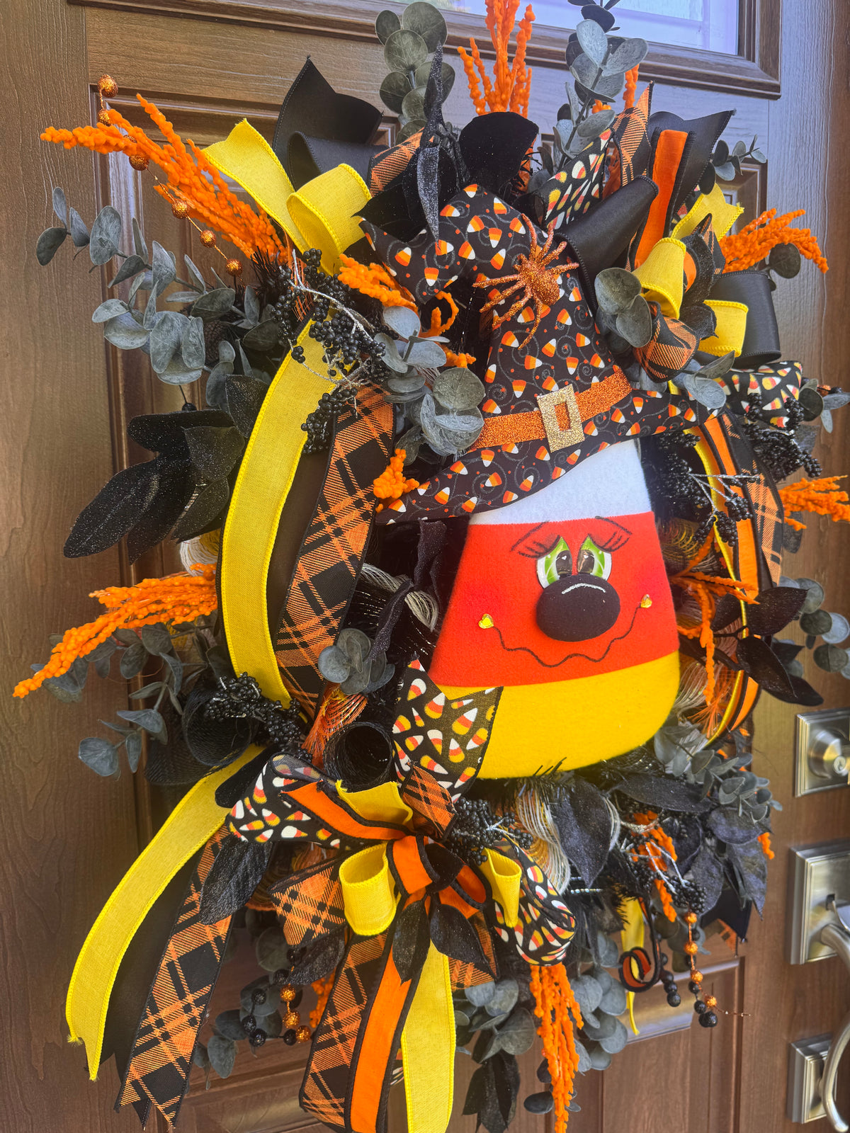 Candy Corn Witch Wreath for Front Door Whimsical Halloween Home Decor for Outdoor Porch or Indoor Office Wall Hanging Halloween Goth Party