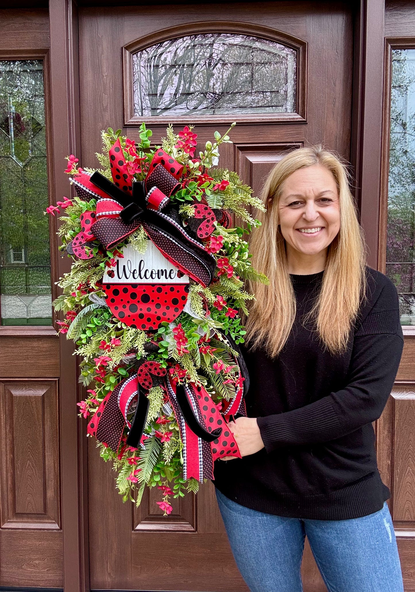 Ladybug Swag Wreath for Front Door, Spring Summer Wreath for Outdoor Porch or Indoor Office Wall Hanging, Summer Home Decor for Front Entry