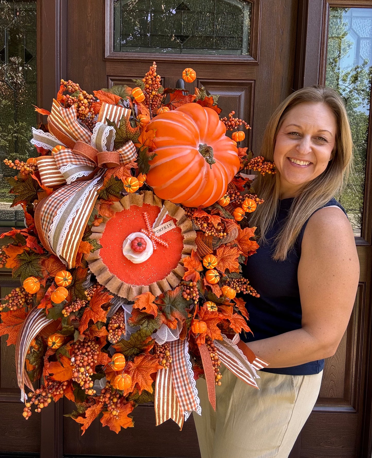 Handmade Pumpkin Pie Fall Wreath | Thanksgiving Front Door Decor with Pumpkin & Autumn Leaves