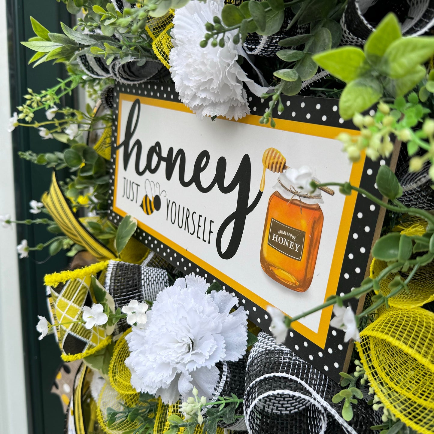 Honeybee Wreath for Front Door Bumble Bee Flower Home Decoration for Outdoor Porch or Indoor Office Wall Hanging Black Yellow Summer Decor