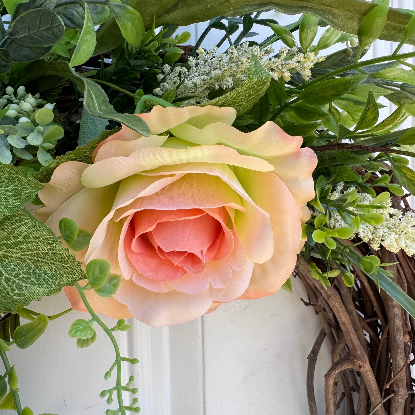 Rose Grapevine Wreath for Front Door Rustic Cluntey Home Decor for Outdoor Porch or Indoor Office Wall Hanging, Spring Wreath Gift for Her