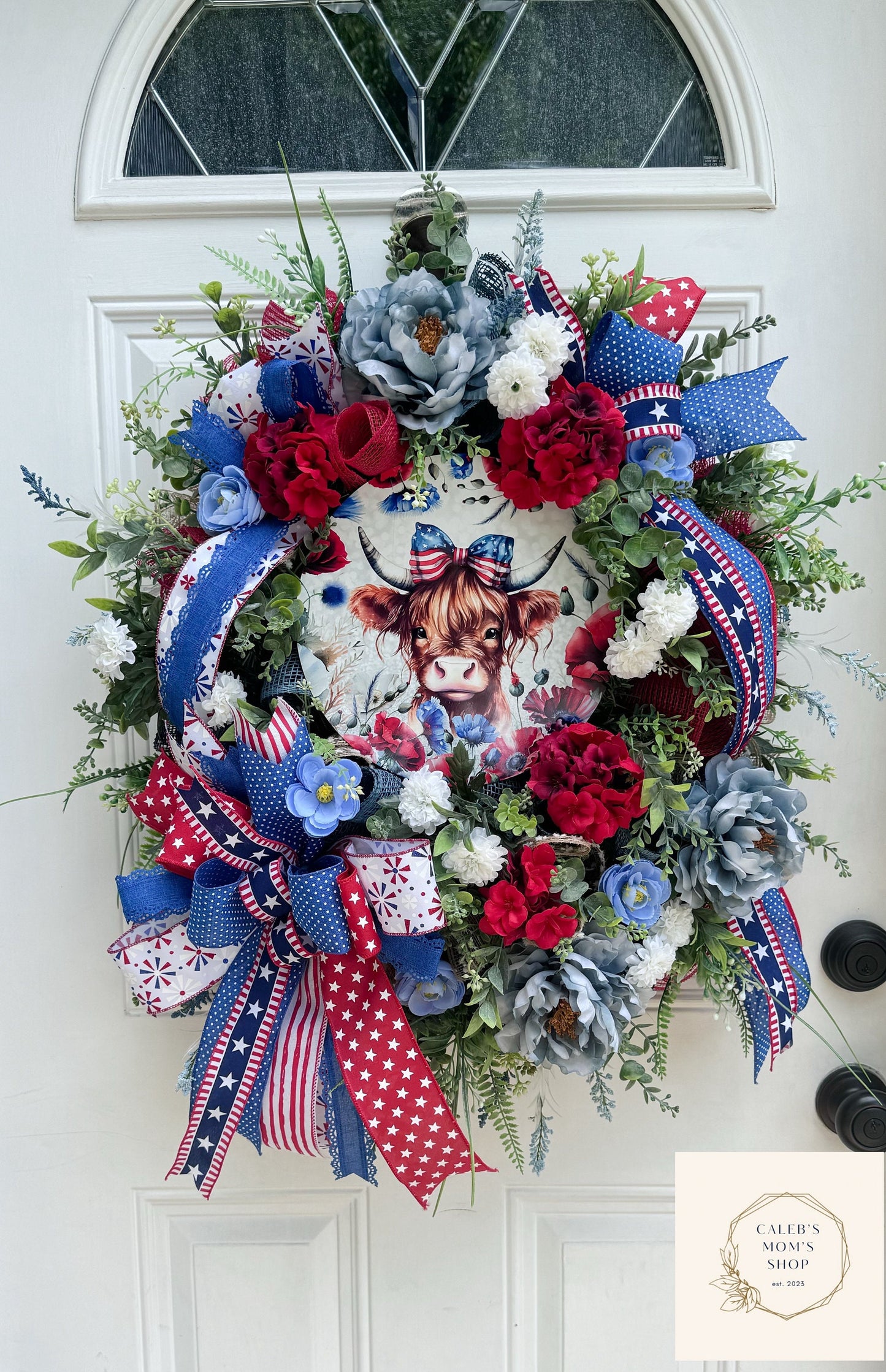 Highland Cow Wreath for Front Door Patriotic Deco Mesh Home Decor for Outdoor Porch or Indoor Office Hanging Farmhouse Cow Wreath Labor Day