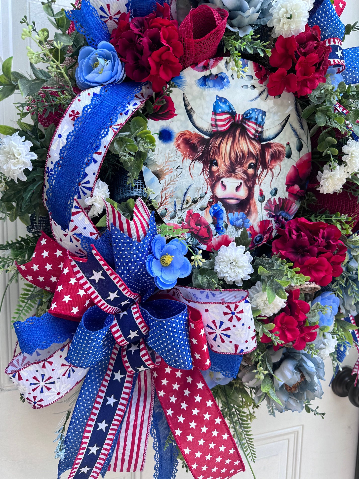 Highland Cow Wreath for Front Door Patriotic Deco Mesh Home Decor for Outdoor Porch or Indoor Office Hanging Farmhouse Cow Wreath Labor Day