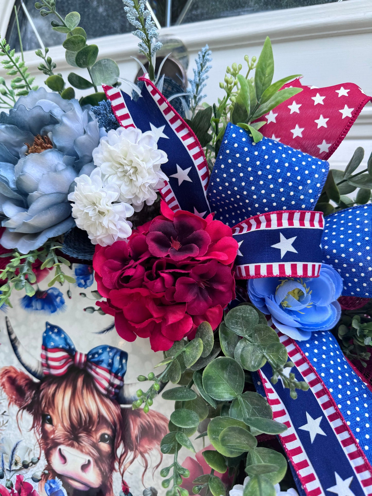 Highland Cow Wreath for Front Door Patriotic Deco Mesh Home Decor for Outdoor Porch or Indoor Office Hanging Farmhouse Cow Wreath Labor Day