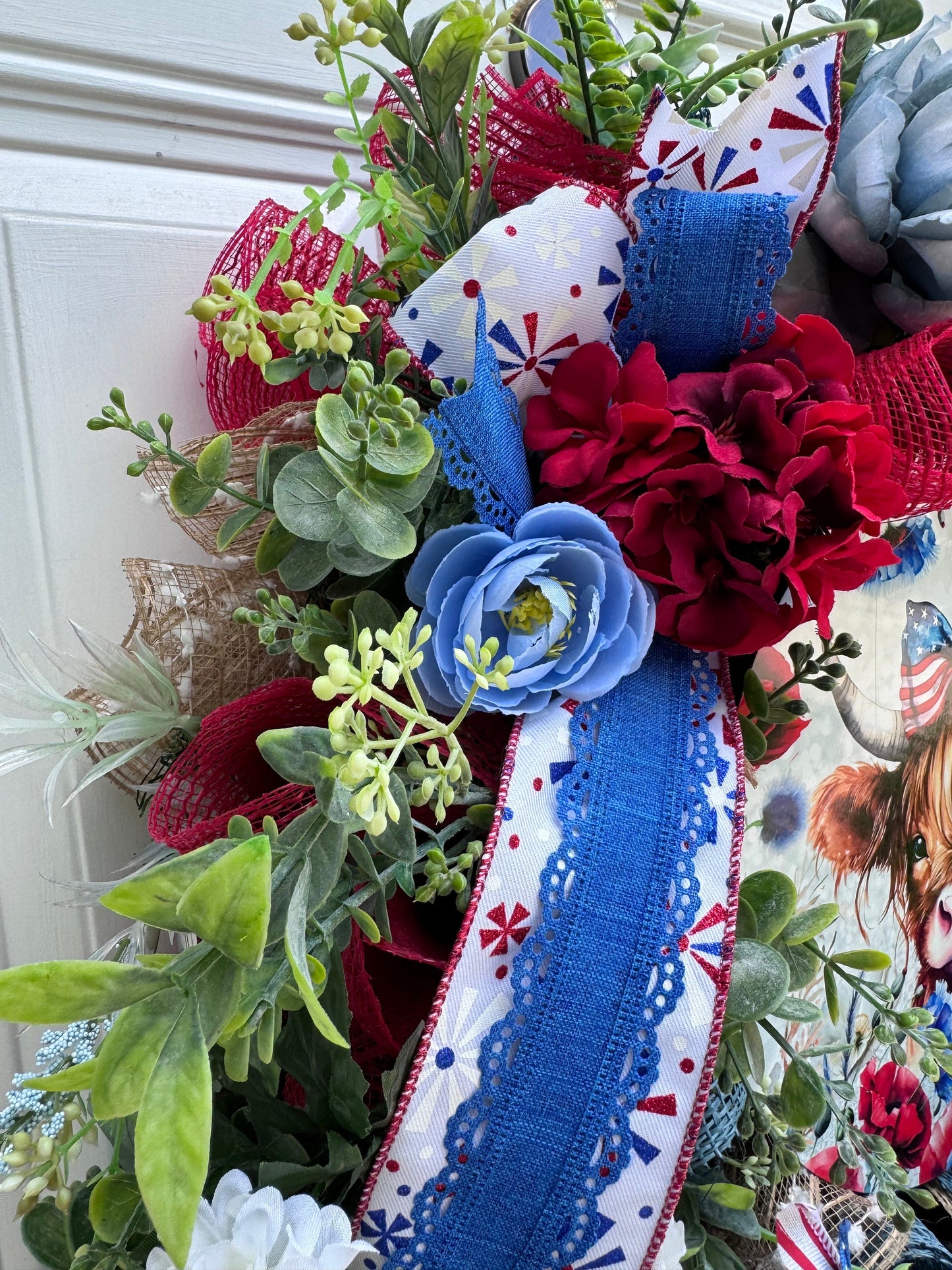 Highland Cow Wreath for Front Door Patriotic Deco Mesh Home Decor for Outdoor Porch or Indoor Office Hanging Farmhouse Cow Wreath Labor Day