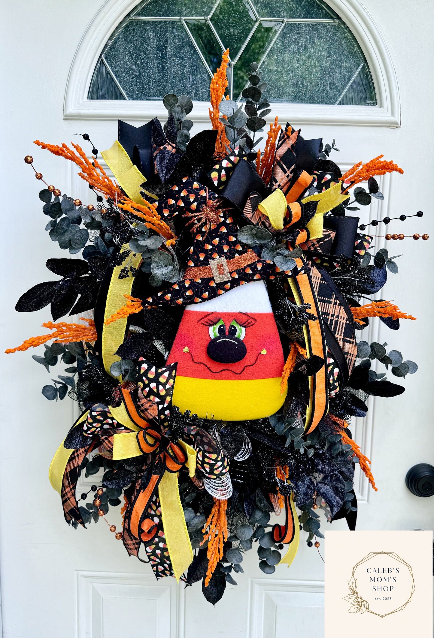 Candy Corn Witch Wreath for Front Door Whimsical Halloween Home Decor for Outdoor Porch or Indoor Office Wall Hanging Halloween Goth Party