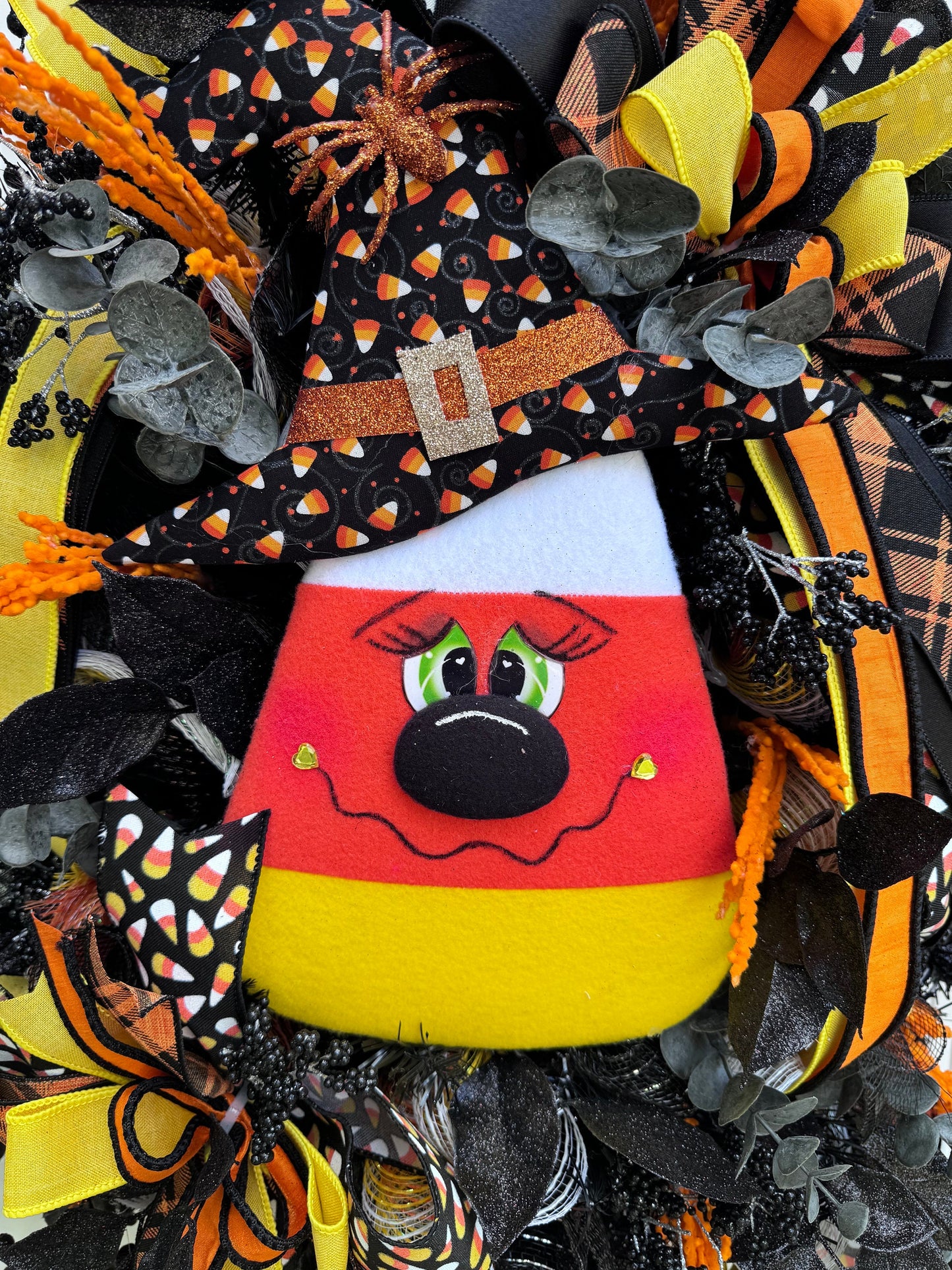 Candy Corn Witch Wreath for Front Door Whimsical Halloween Home Decor for Outdoor Porch or Indoor Office Wall Hanging Halloween Goth Party