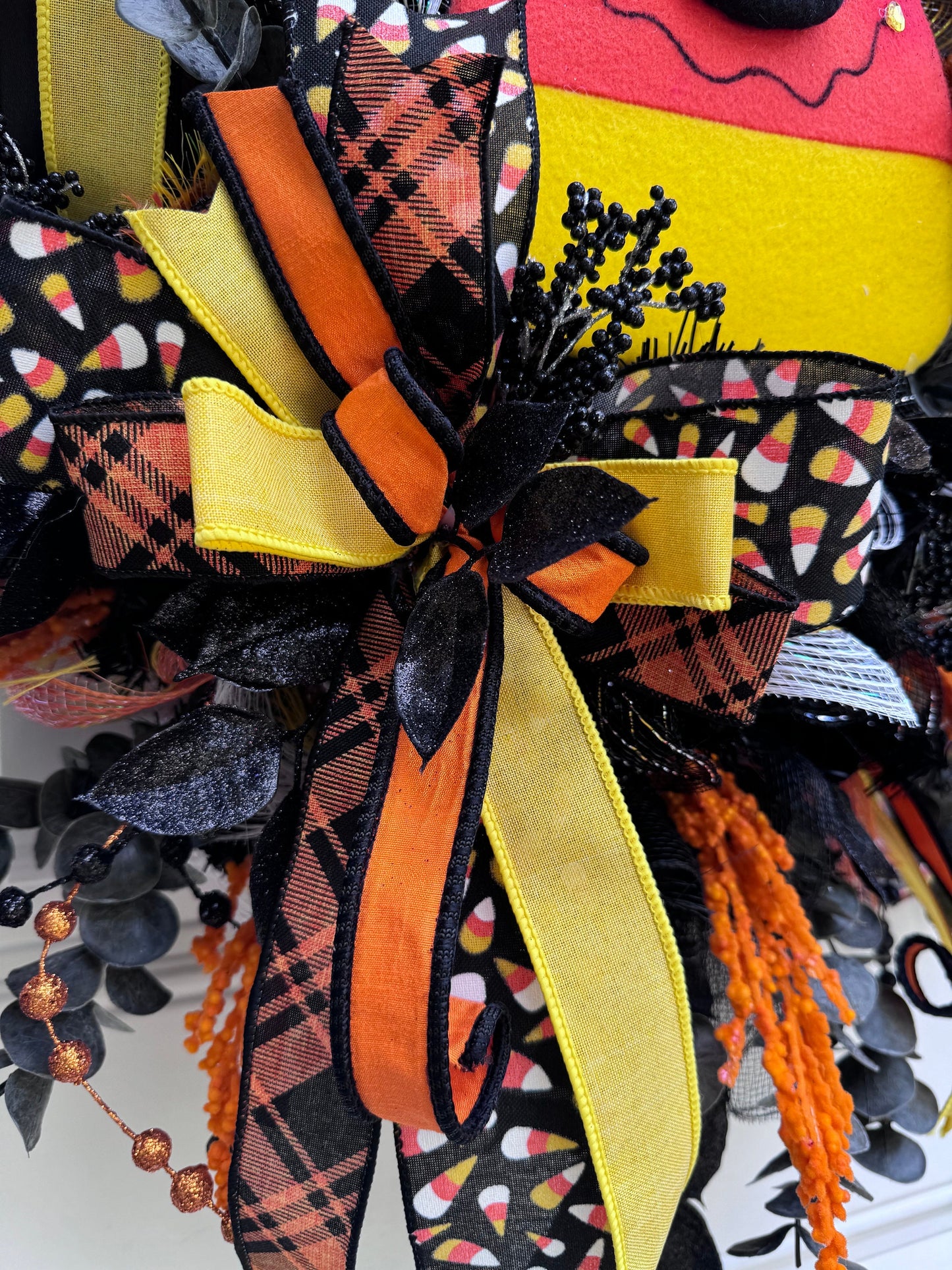 Candy Corn Witch Wreath for Front Door Whimsical Halloween Home Decor for Outdoor Porch or Indoor Office Wall Hanging Halloween Goth Party