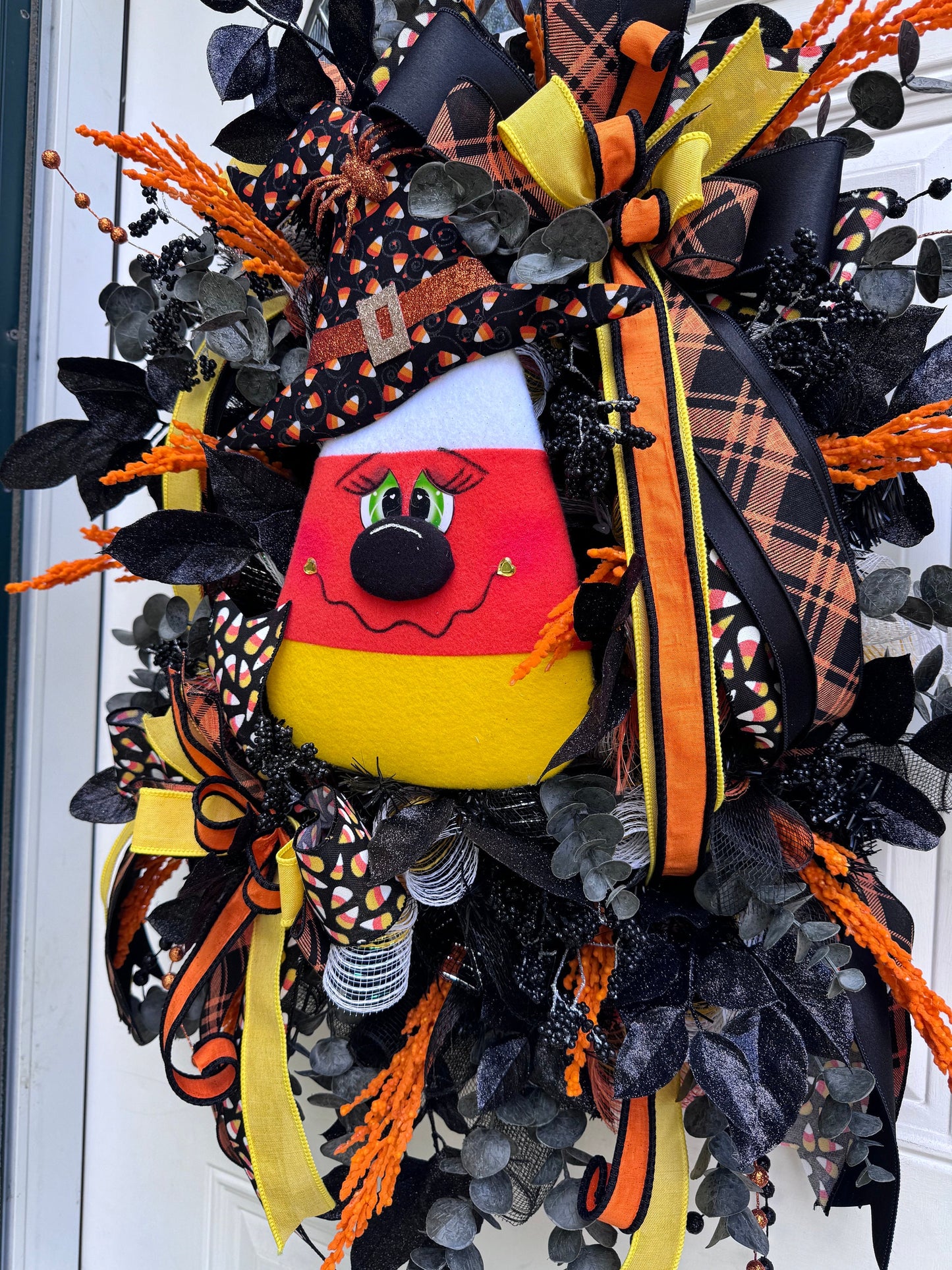 Candy Corn Witch Wreath for Front Door Whimsical Halloween Home Decor for Outdoor Porch or Indoor Office Wall Hanging Halloween Goth Party