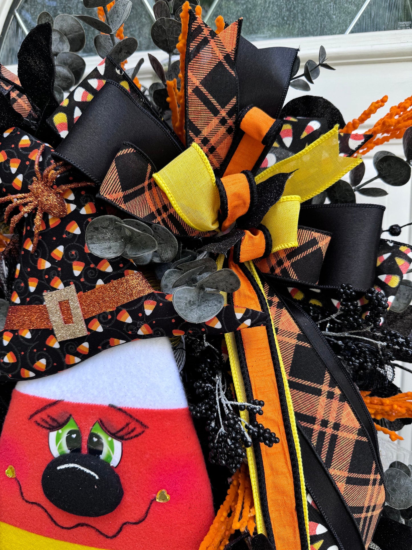 Candy Corn Witch Wreath for Front Door Whimsical Halloween Home Decor for Outdoor Porch or Indoor Office Wall Hanging Halloween Goth Party