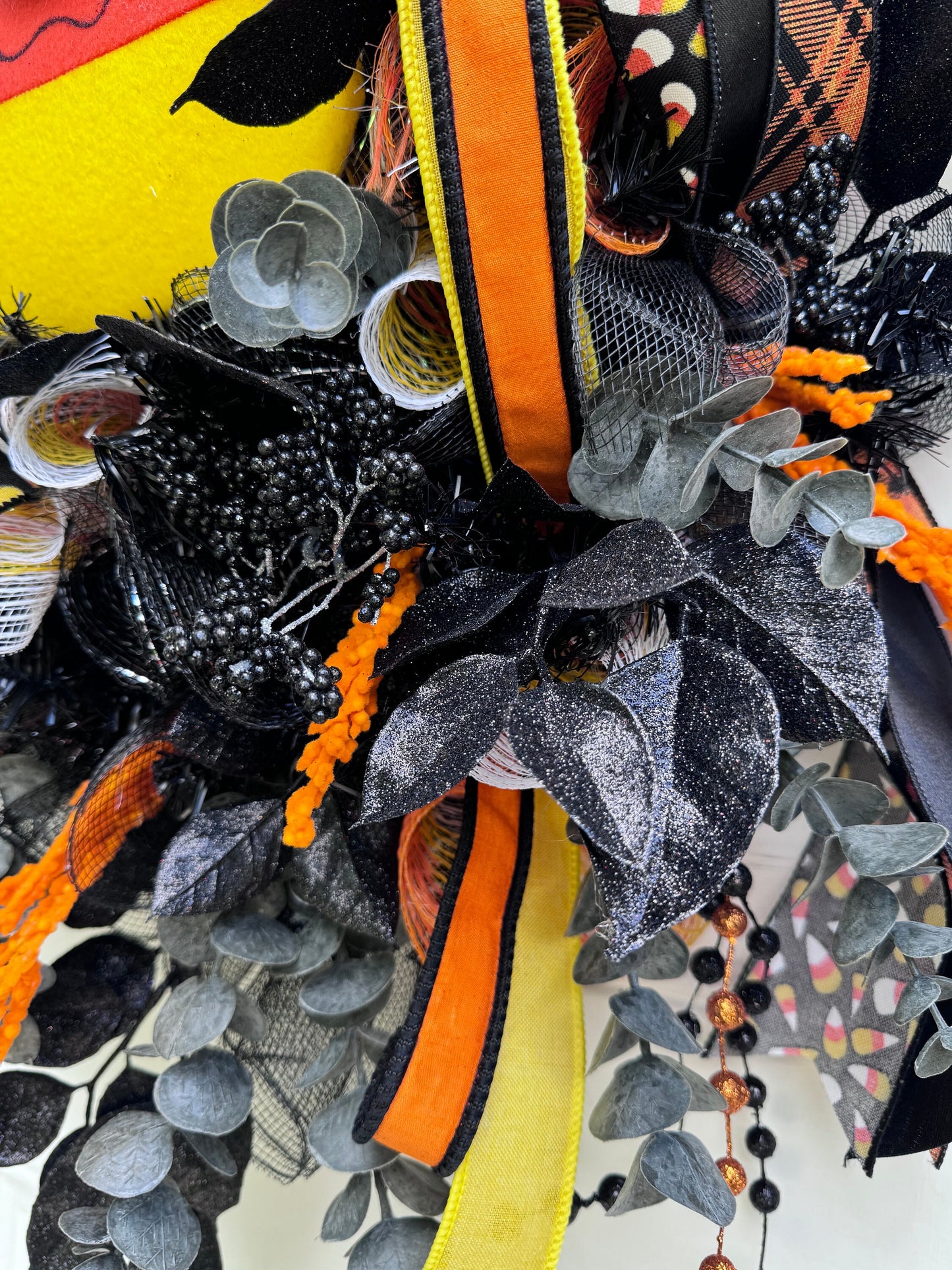 Candy Corn Witch Wreath for Front Door Whimsical Halloween Home Decor for Outdoor Porch or Indoor Office Wall Hanging Halloween Goth Party