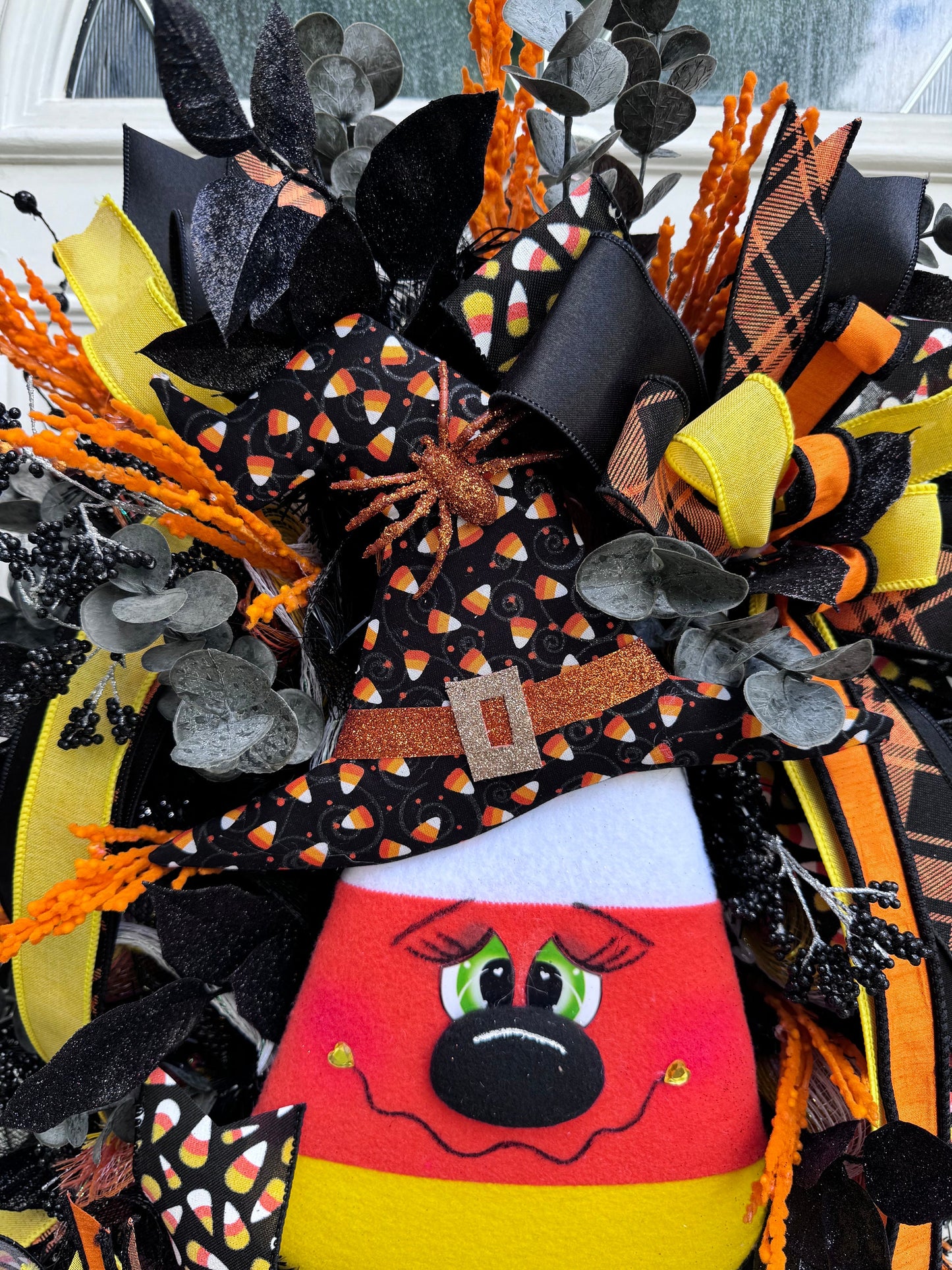 Candy Corn Witch Wreath for Front Door Whimsical Halloween Home Decor for Outdoor Porch or Indoor Office Wall Hanging Halloween Goth Party