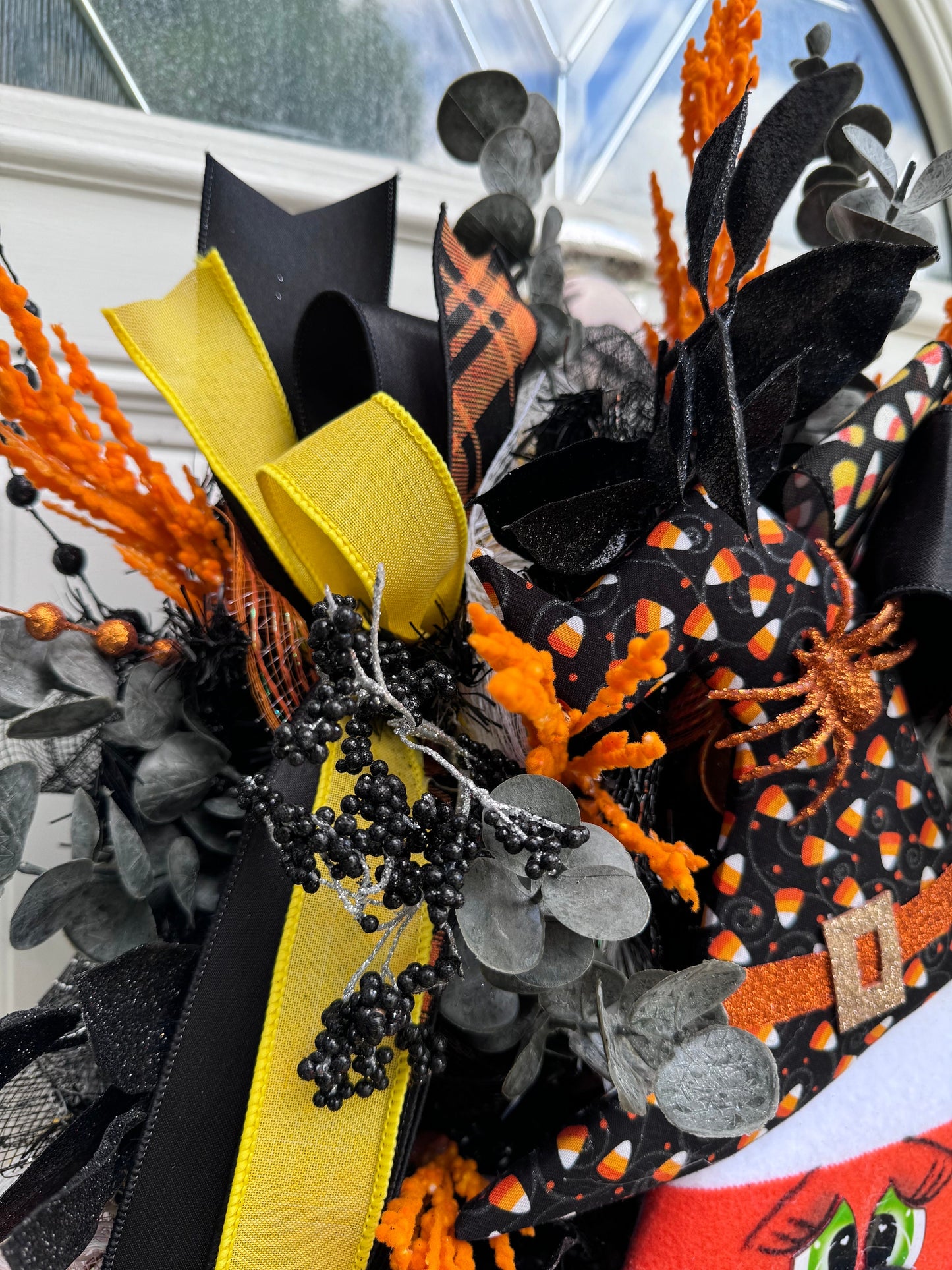 Candy Corn Witch Wreath for Front Door Whimsical Halloween Home Decor for Outdoor Porch or Indoor Office Wall Hanging Halloween Goth Party