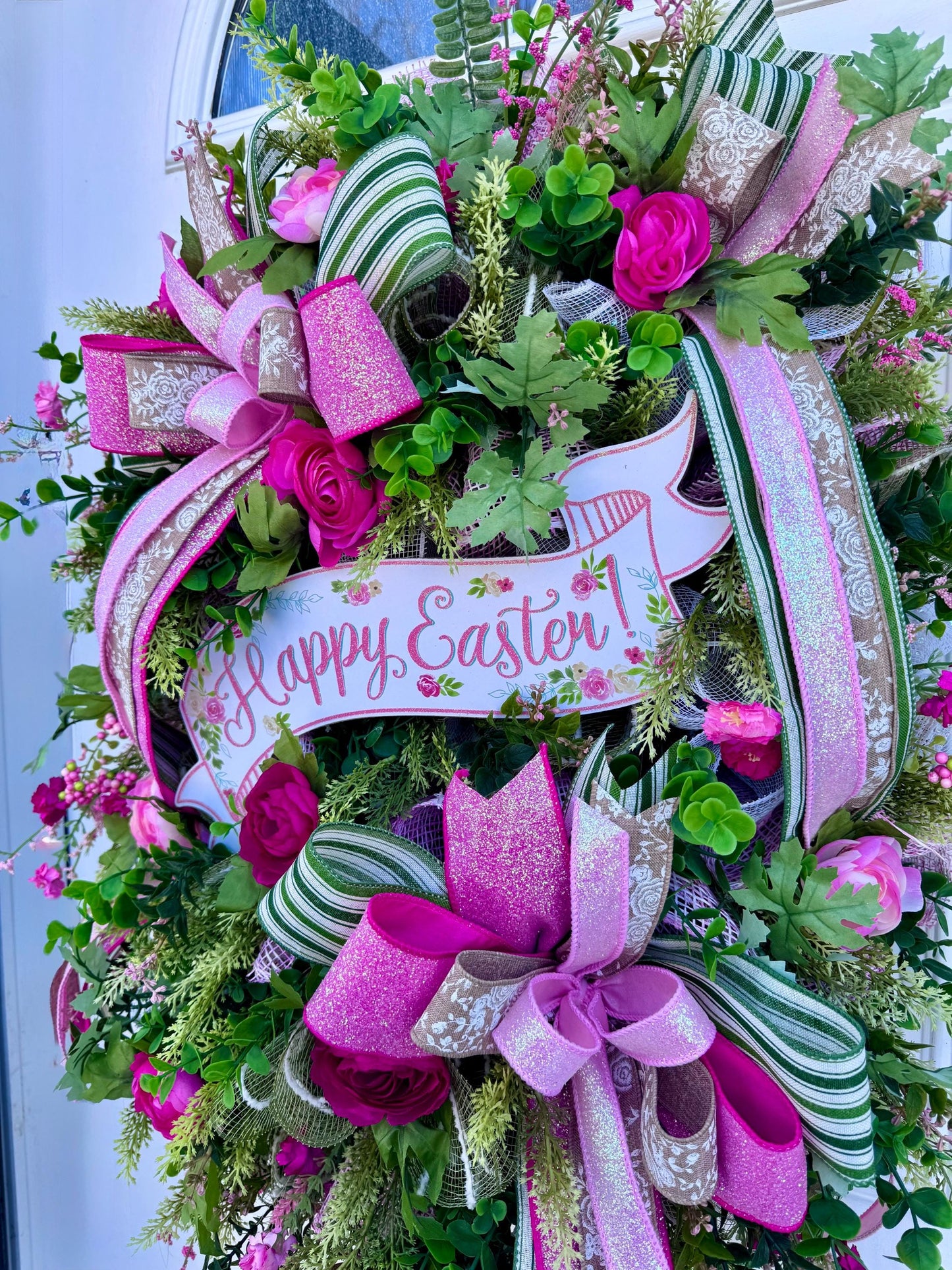 Easter Wreath for Front Door, Pink Easter Home Decor for Outdoor Porch or Indoor Office Wall Hanging, Pink Spring Wreath Gift for Her Mom
