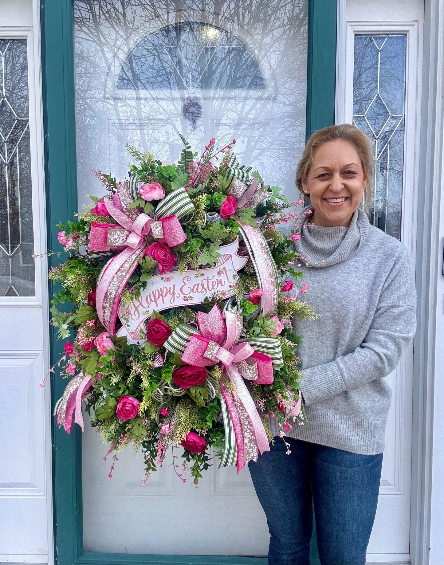 Easter Wreath for Front Door, Pink Easter Home Decor for Outdoor Porch or Indoor Office Wall Hanging, Pink Spring Wreath Gift for Her Mom