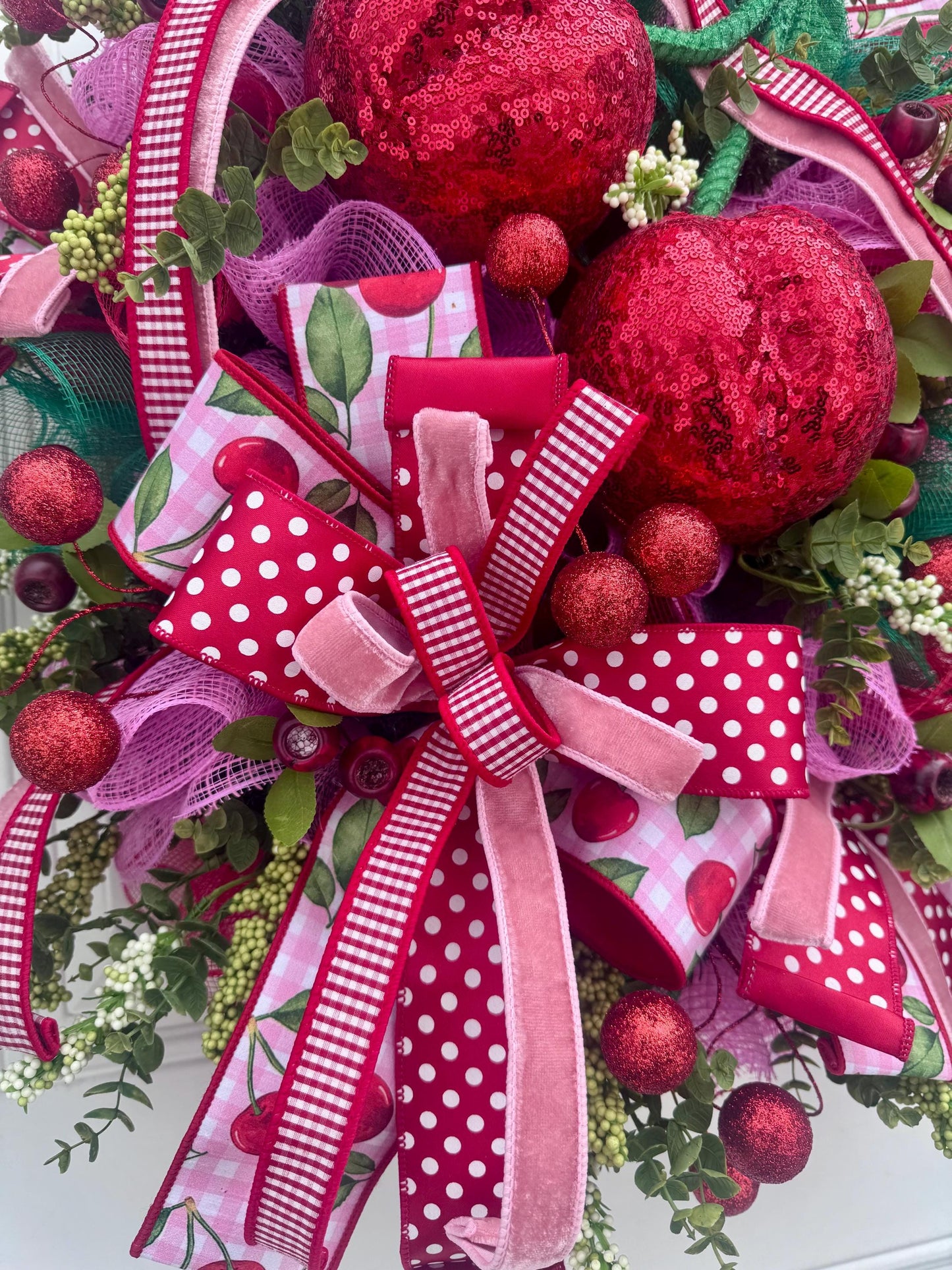 XL Cherry Wreath for Front Door, Spring Summer Cherry Home Decor for Outdoor Porch or Indoor Office Wall Hanging, Fruit Home Accent