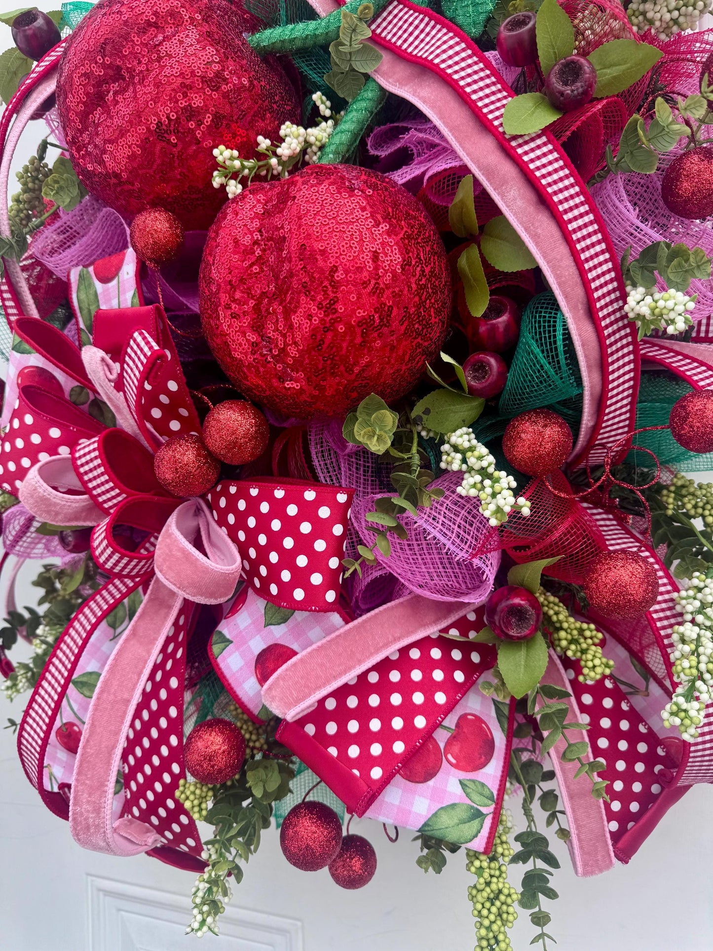 XL Cherry Wreath for Front Door, Spring Summer Cherry Home Decor for Outdoor Porch or Indoor Office Wall Hanging, Fruit Home Accent