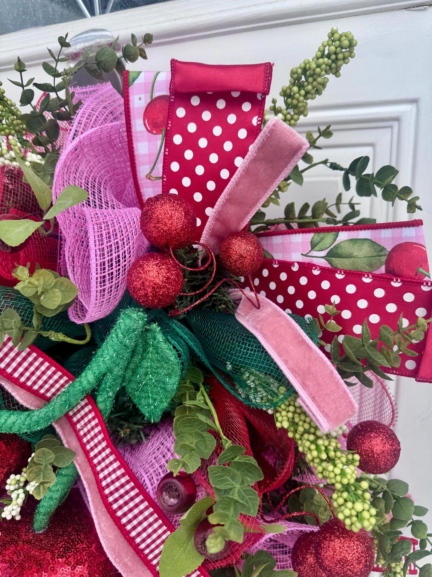 XL Cherry Wreath for Front Door, Spring Summer Cherry Home Decor for Outdoor Porch or Indoor Office Wall Hanging, Fruit Home Accent