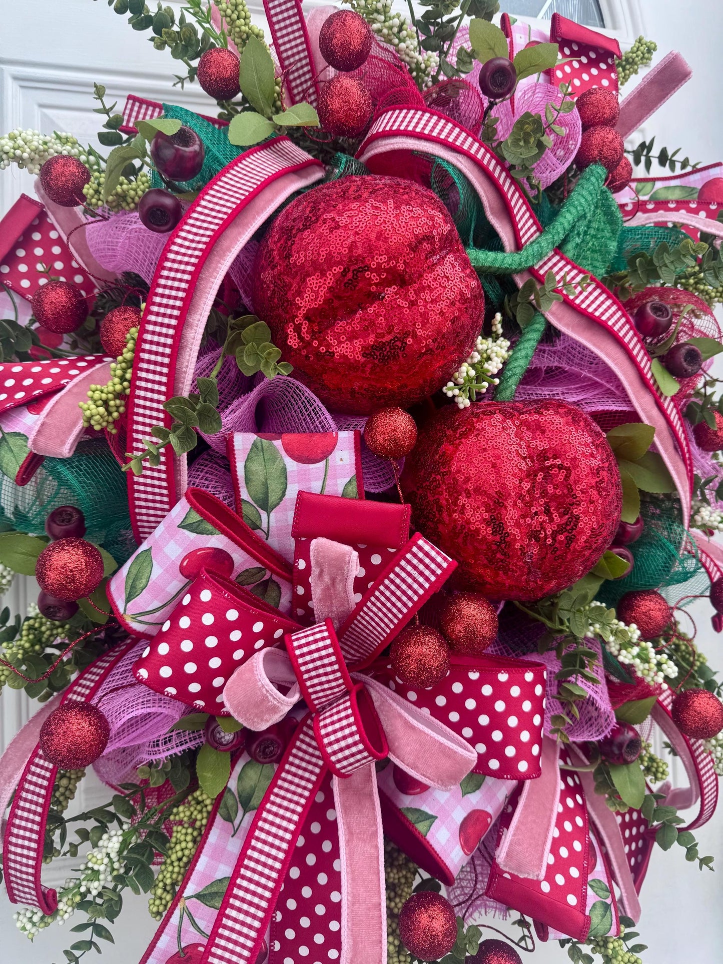 XL Cherry Wreath for Front Door, Spring Summer Cherry Home Decor for Outdoor Porch or Indoor Office Wall Hanging, Fruit Home Accent