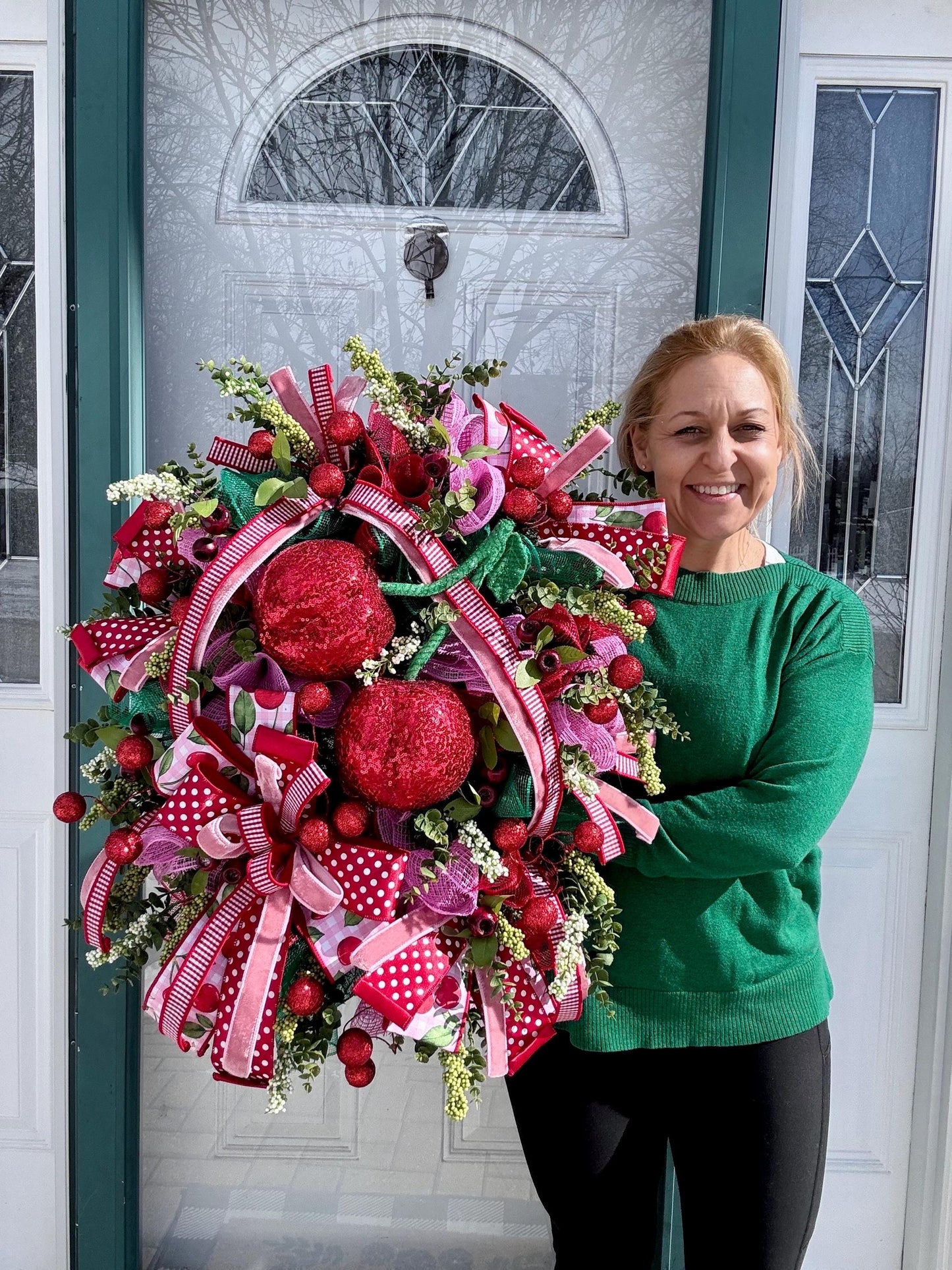 XL Cherry Wreath for Front Door, Spring Summer Cherry Home Decor for Outdoor Porch or Indoor Office Wall Hanging, Fruit Home Accent