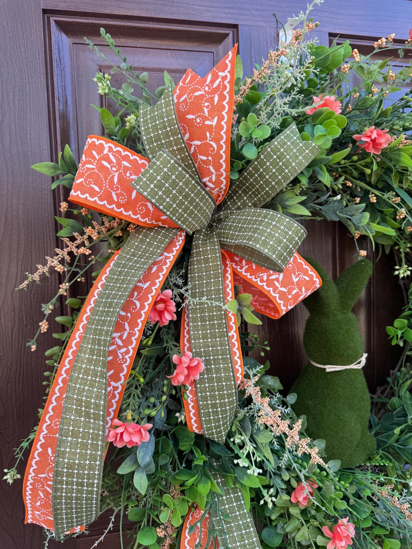 Easter Grapevine Wreath with Flocked Bunny and Handmade Bow, Spring Home Decor for Outdoor Porch or Indoor Office Wall Hanging Gift for Her