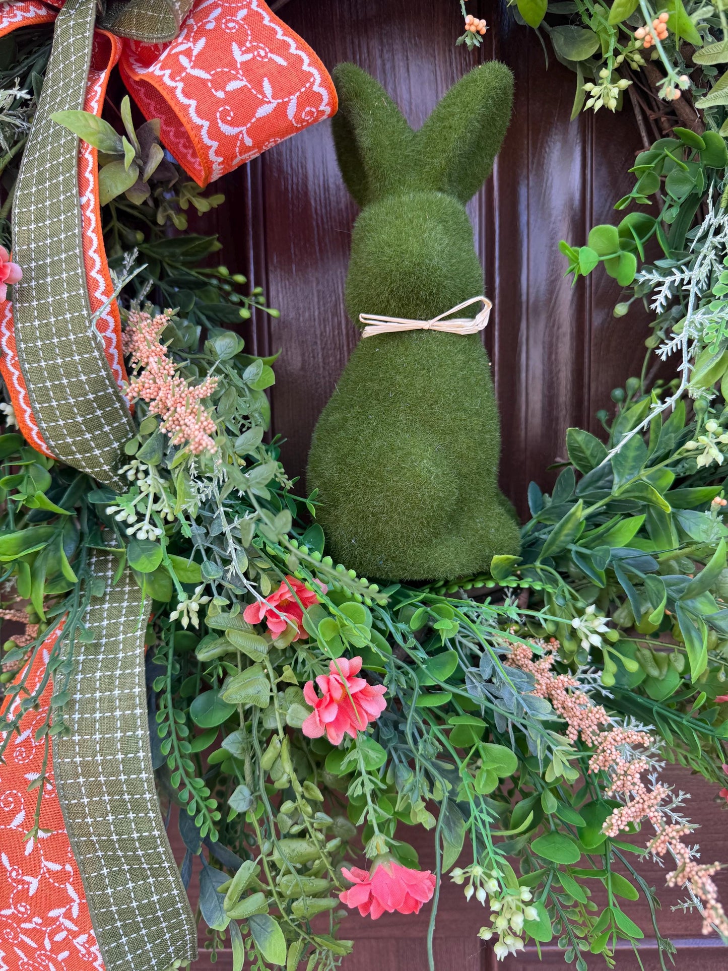 Easter Grapevine Wreath with Flocked Bunny and Handmade Bow, Spring Home Decor for Outdoor Porch or Indoor Office Wall Hanging Gift for Her