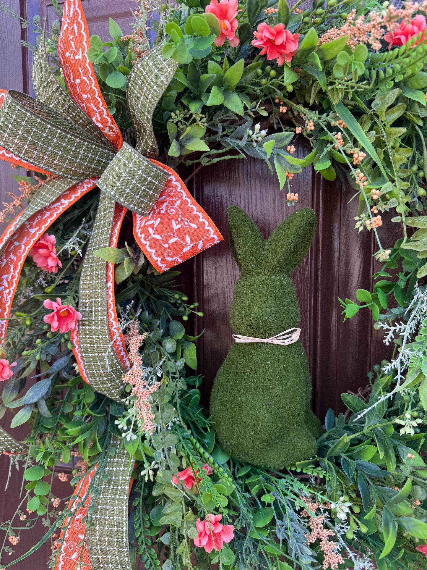 Easter Grapevine Wreath with Flocked Bunny and Handmade Bow, Spring Home Decor for Outdoor Porch or Indoor Office Wall Hanging Gift for Her