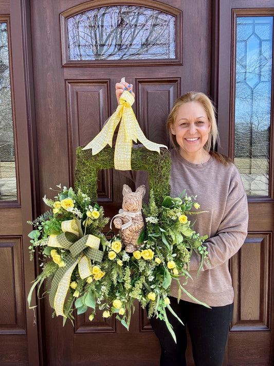 Easter Moss Floral Wreath for Front Door, Spring Bunny Wreath for Outdoor Porch or Indoor Office Wall Hanging, Easter Floral Home Decor Gift