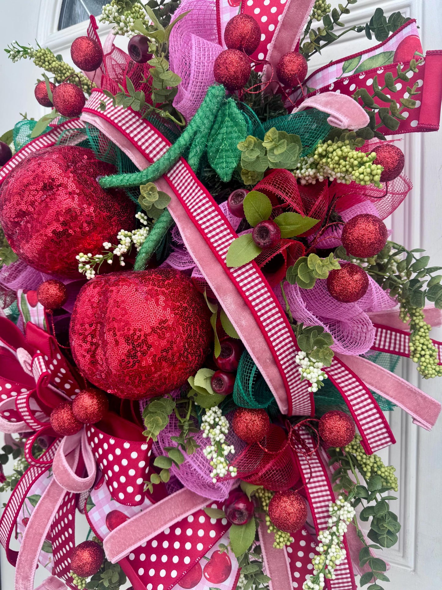XL Cherry Wreath for Front Door, Spring Summer Cherry Home Decor for Outdoor Porch or Indoor Office Wall Hanging, Fruit Home Accent