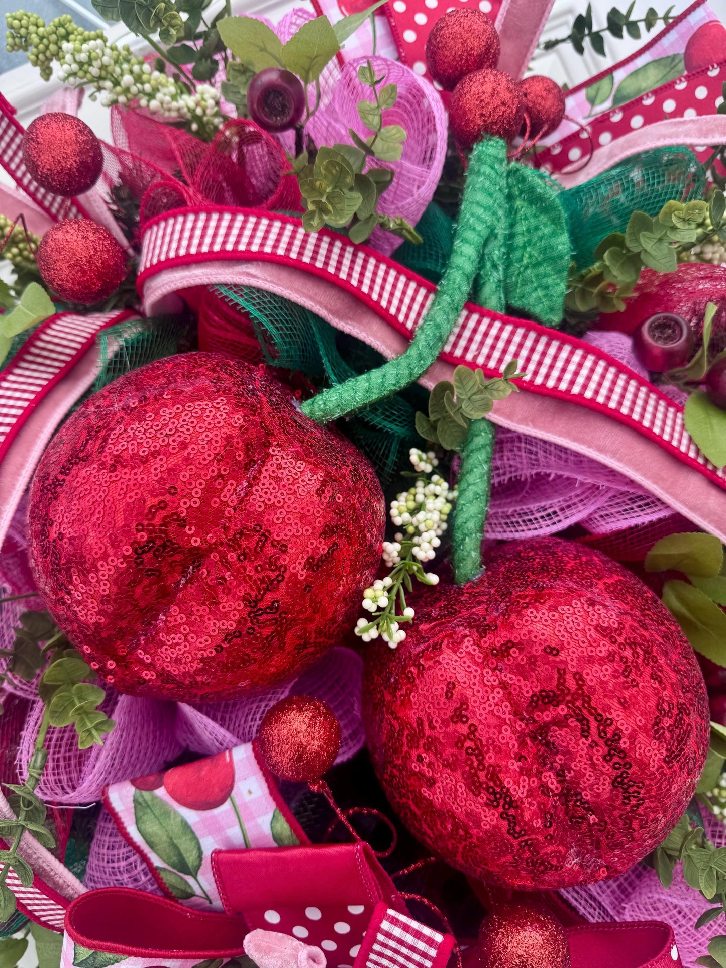 XL Cherry Wreath for Front Door, Spring Summer Cherry Home Decor for Outdoor Porch or Indoor Office Wall Hanging, Fruit Home Accent