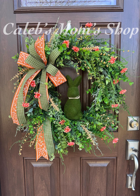 Easter Grapevine Wreath with Flocked Bunny and Handmade Bow, Spring Home Decor for Outdoor Porch or Indoor Office Wall Hanging Gift for Her