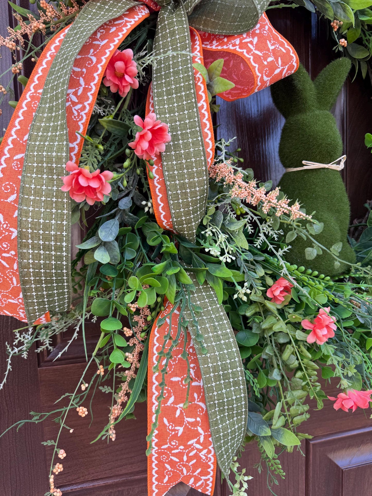Easter Grapevine Wreath with Flocked Bunny and Handmade Bow, Spring Home Decor for Outdoor Porch or Indoor Office Wall Hanging Gift for Her