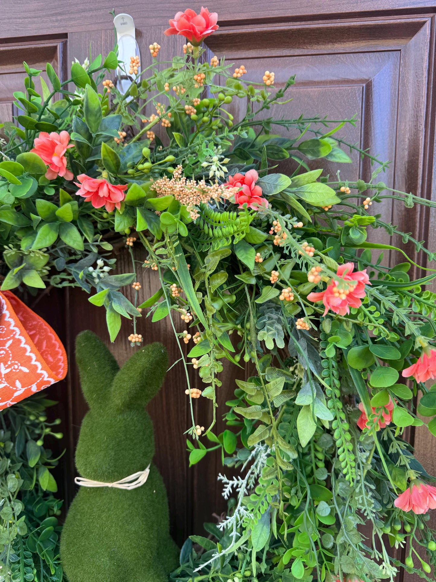 Easter Grapevine Wreath with Flocked Bunny and Handmade Bow, Spring Home Decor for Outdoor Porch or Indoor Office Wall Hanging Gift for Her