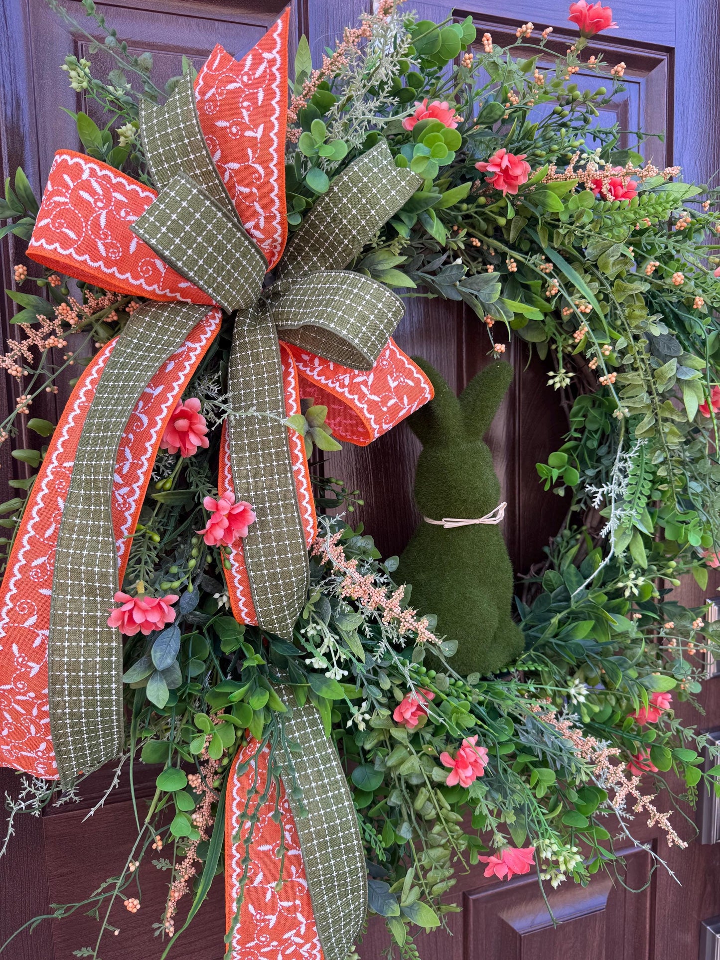 Easter Grapevine Wreath with Flocked Bunny and Handmade Bow, Spring Home Decor for Outdoor Porch or Indoor Office Wall Hanging Gift for Her