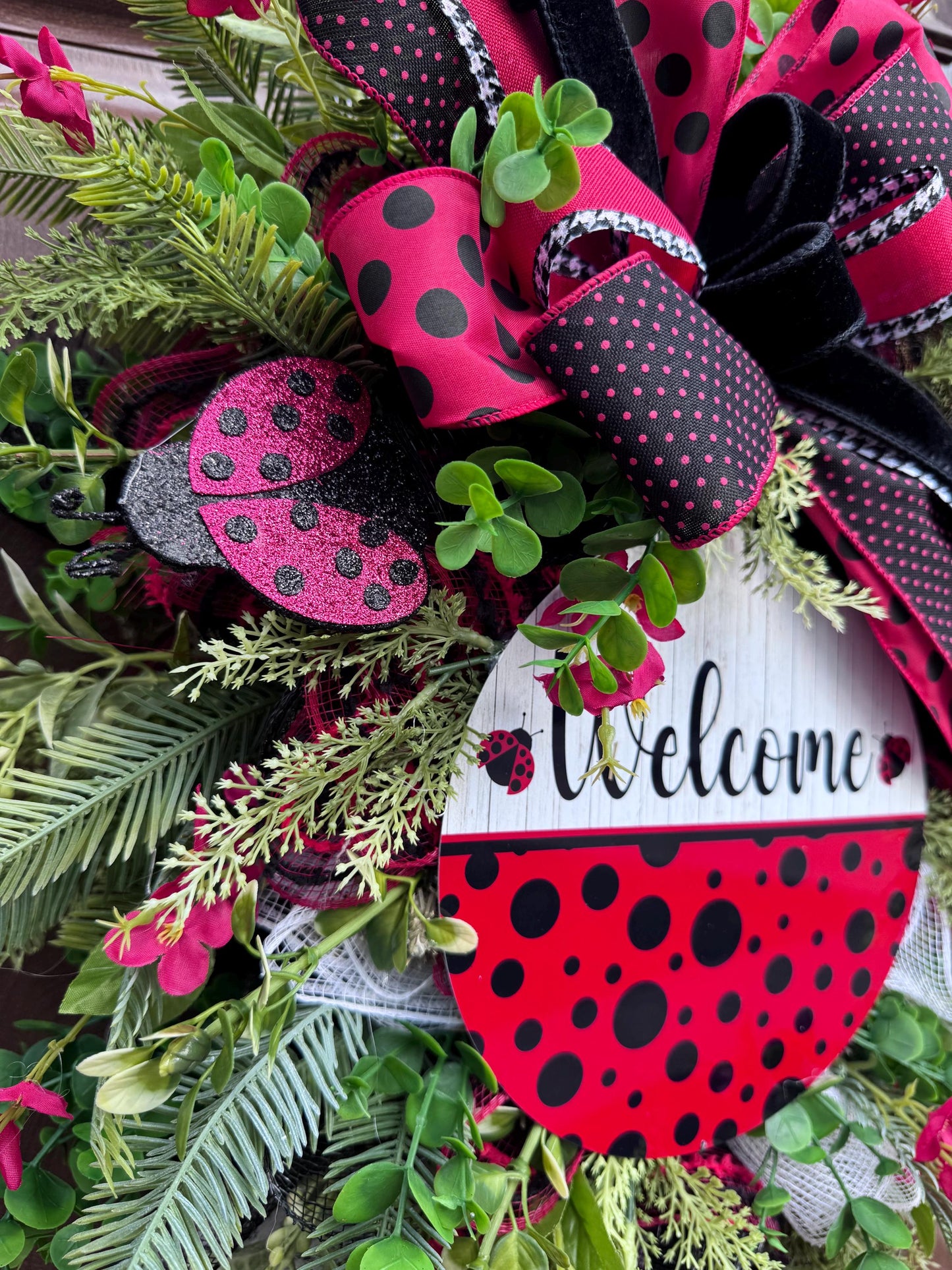 Ladybug Swag Wreath for Front Door, Spring Summer Wreath for Outdoor Porch or Indoor Office Wall Hanging, Summer Home Decor for Front Entry