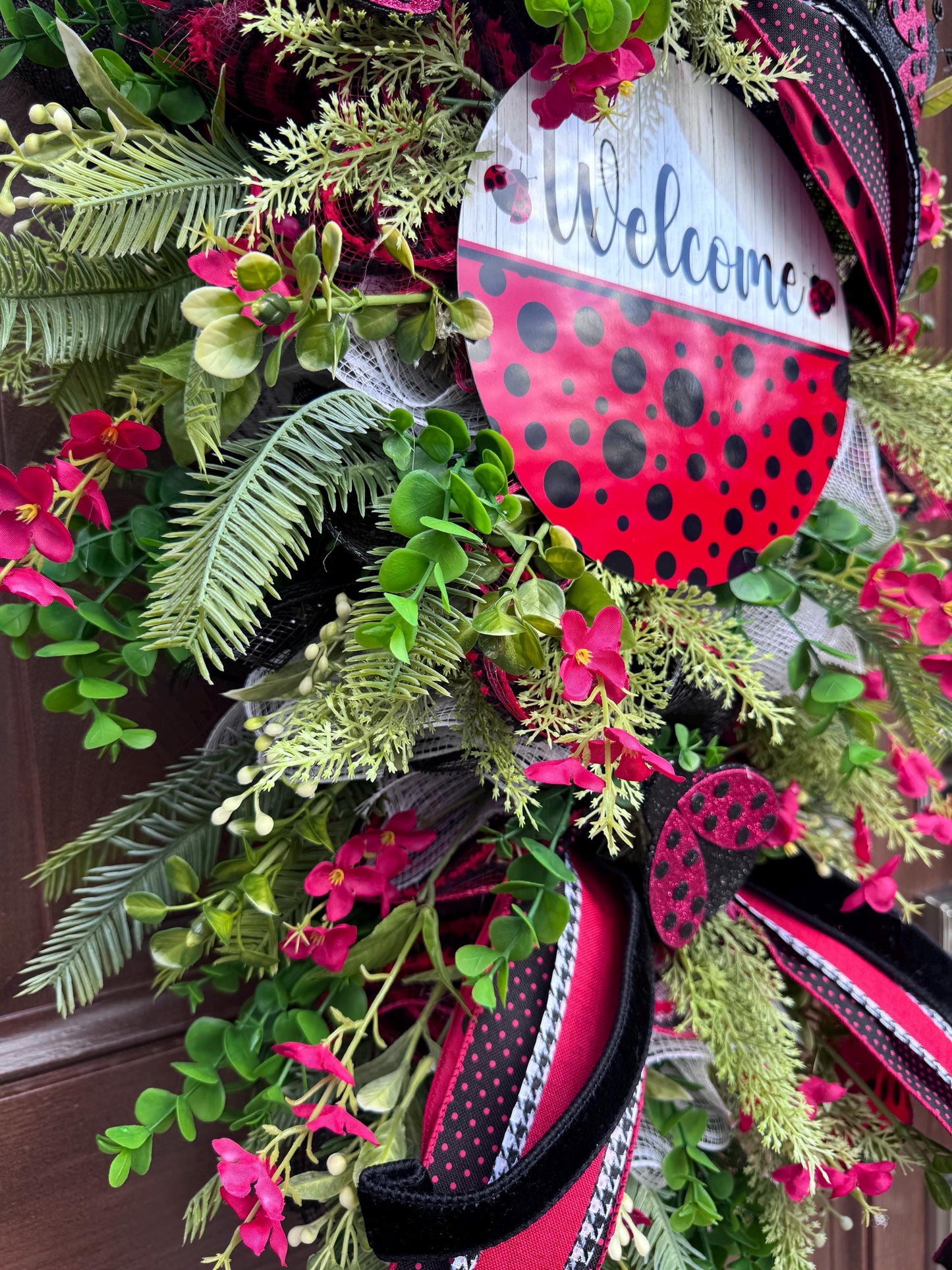 Ladybug Swag Wreath for Front Door, Spring Summer Wreath for Outdoor Porch or Indoor Office Wall Hanging, Summer Home Decor for Front Entry