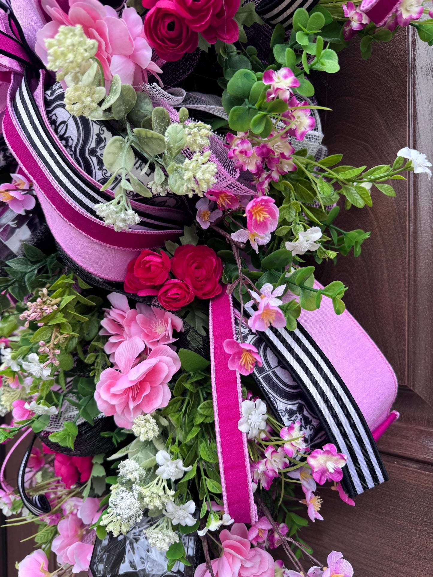 Elegant Pink and Black Jewel Swag Wreath for Front Door, Glam Floral Wreath for Outdoor Porch or Indoor Wall Hanger, Mothers Day Gift