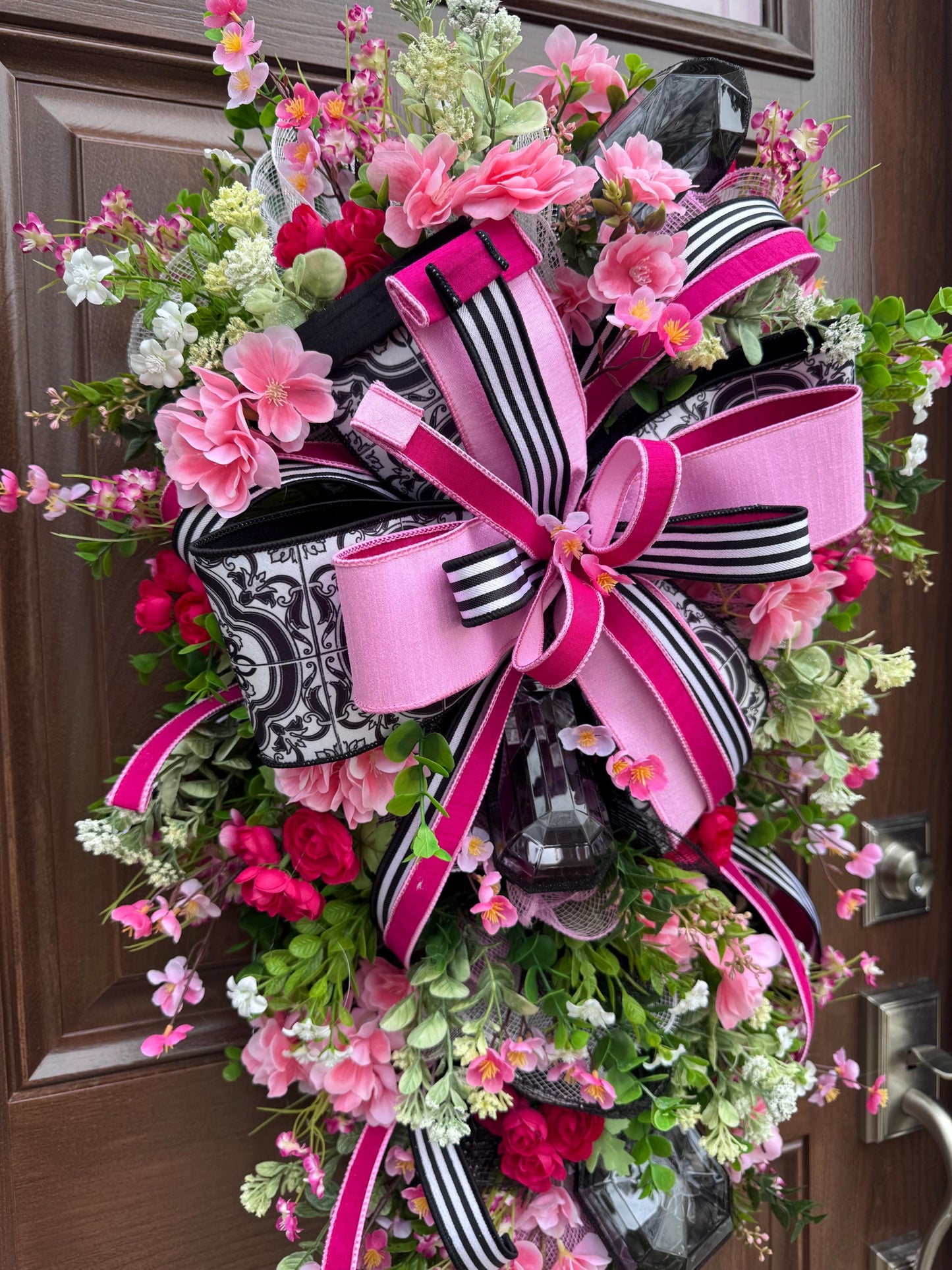 Elegant Pink and Black Jewel Swag Wreath for Front Door, Glam Floral Wreath for Outdoor Porch or Indoor Wall Hanger, Mothers Day Gift