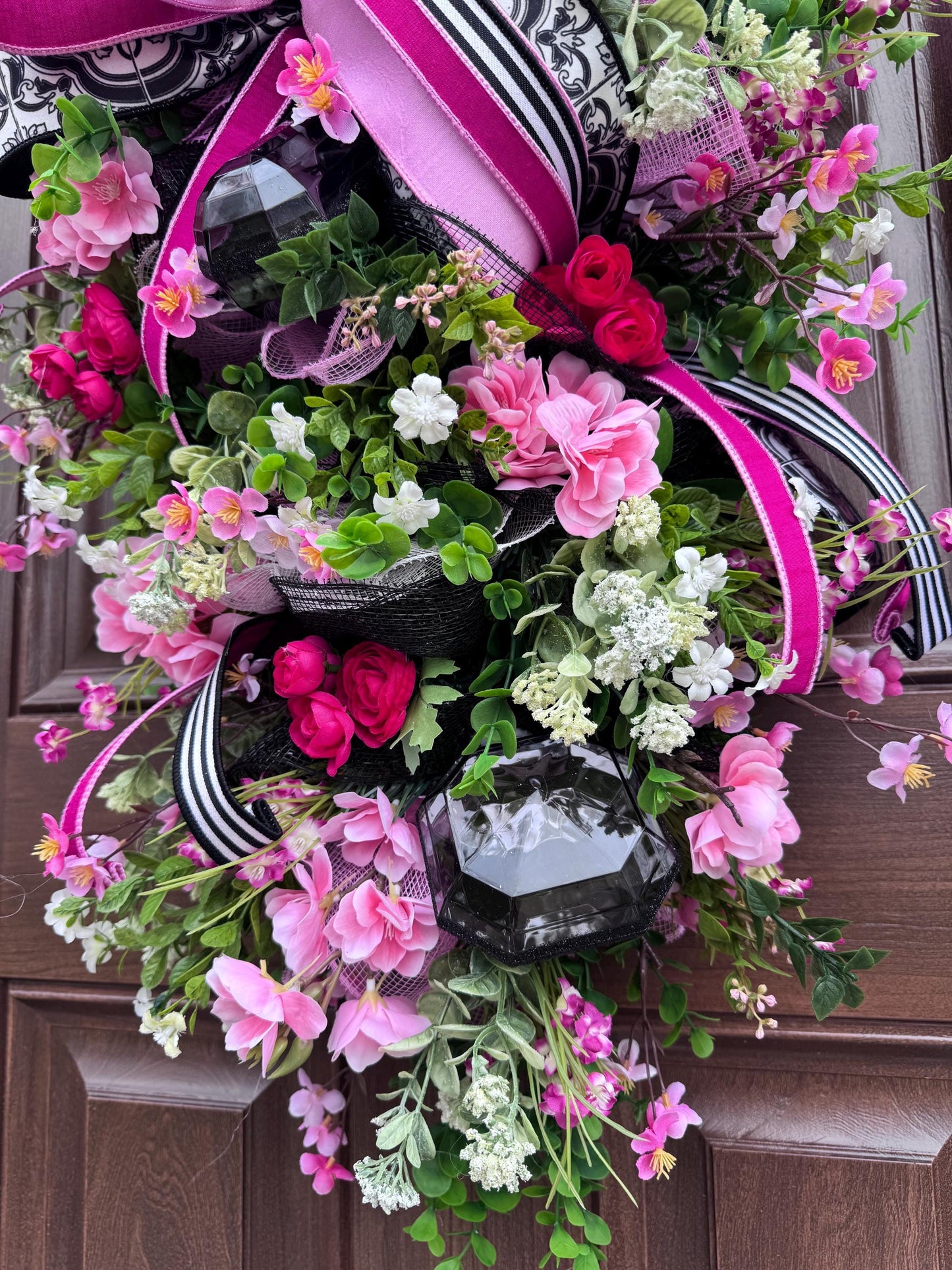 Elegant Pink and Black Jewel Swag Wreath for Front Door, Glam Floral Wreath for Outdoor Porch or Indoor Wall Hanger, Mothers Day Gift