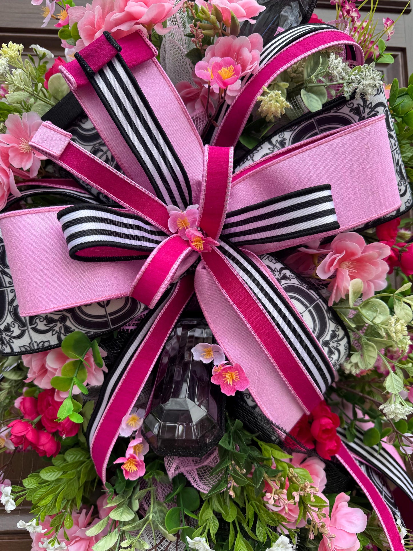 Elegant Pink and Black Jewel Swag Wreath for Front Door, Glam Floral Wreath for Outdoor Porch or Indoor Wall Hanger, Mothers Day Gift