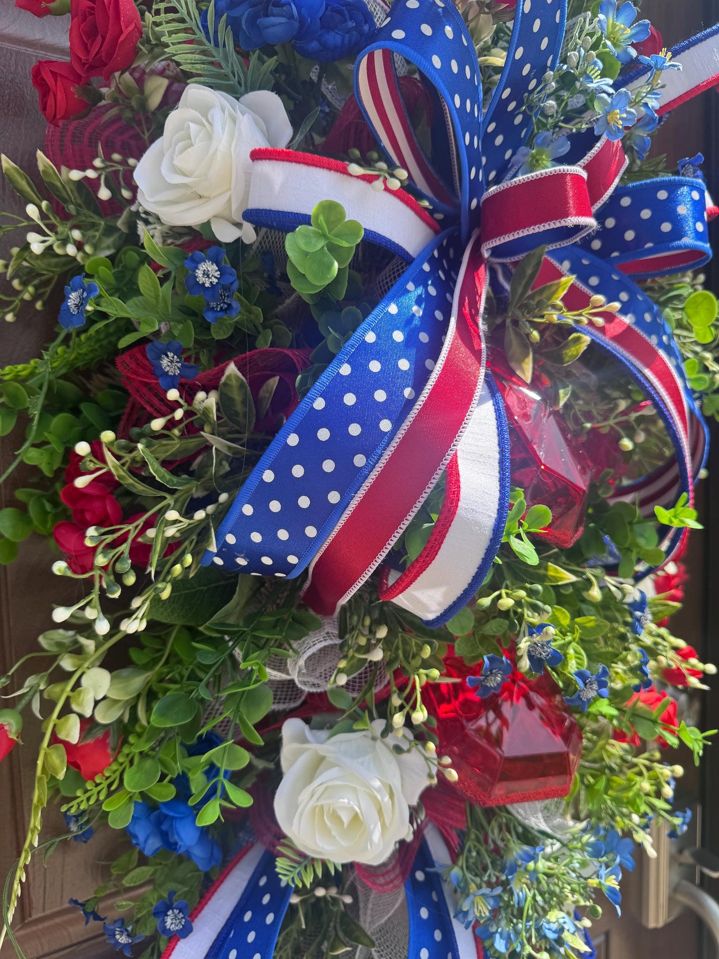 Glam Patriotic Door Swag for Front Door, 4th of July Wreath for Front Porch, Americana Patriotic Front Door Decor, Summer Everyday Wreath