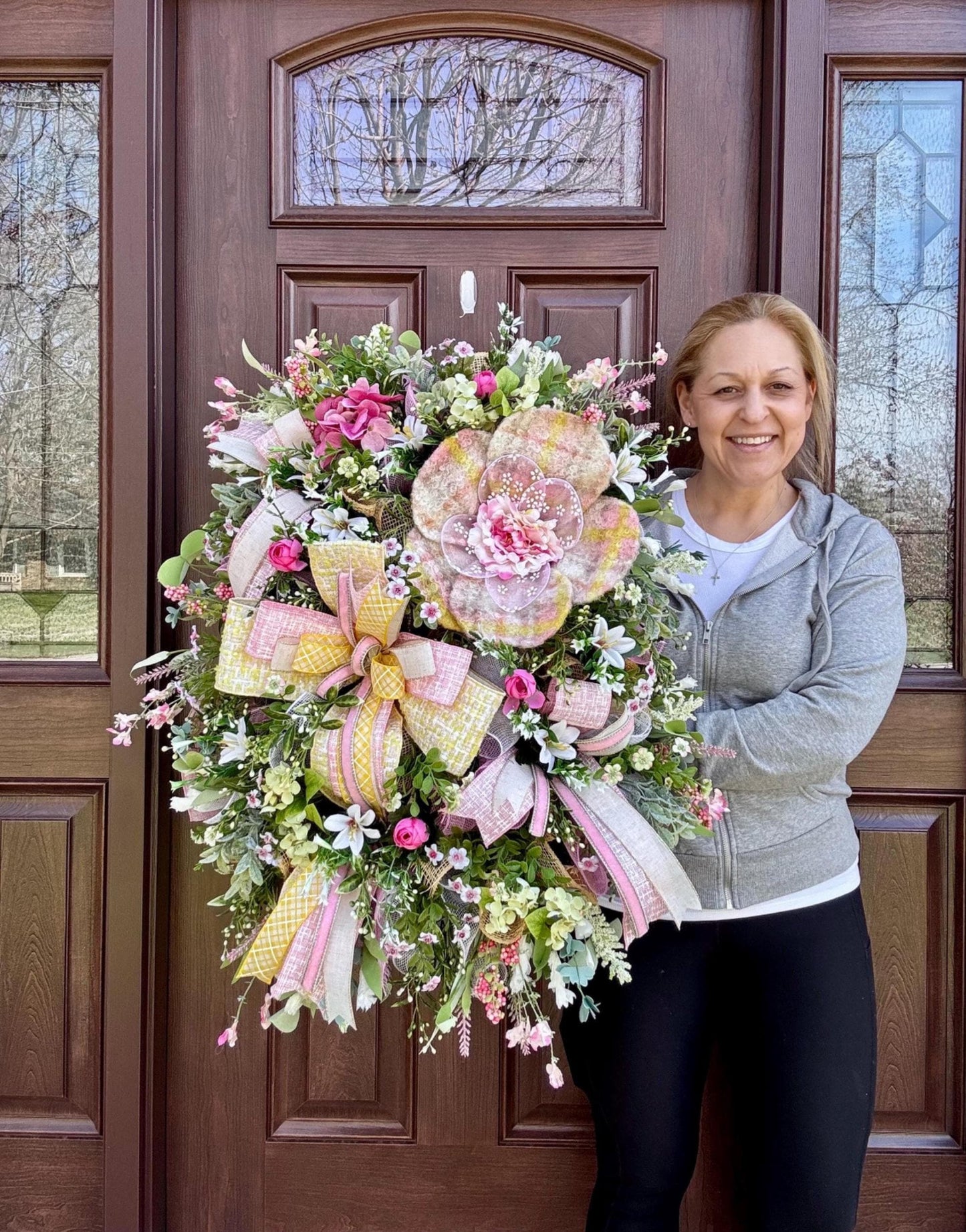 Pastel Spring Floral Wreath – Pink & Yellow Bow Front Door Décor