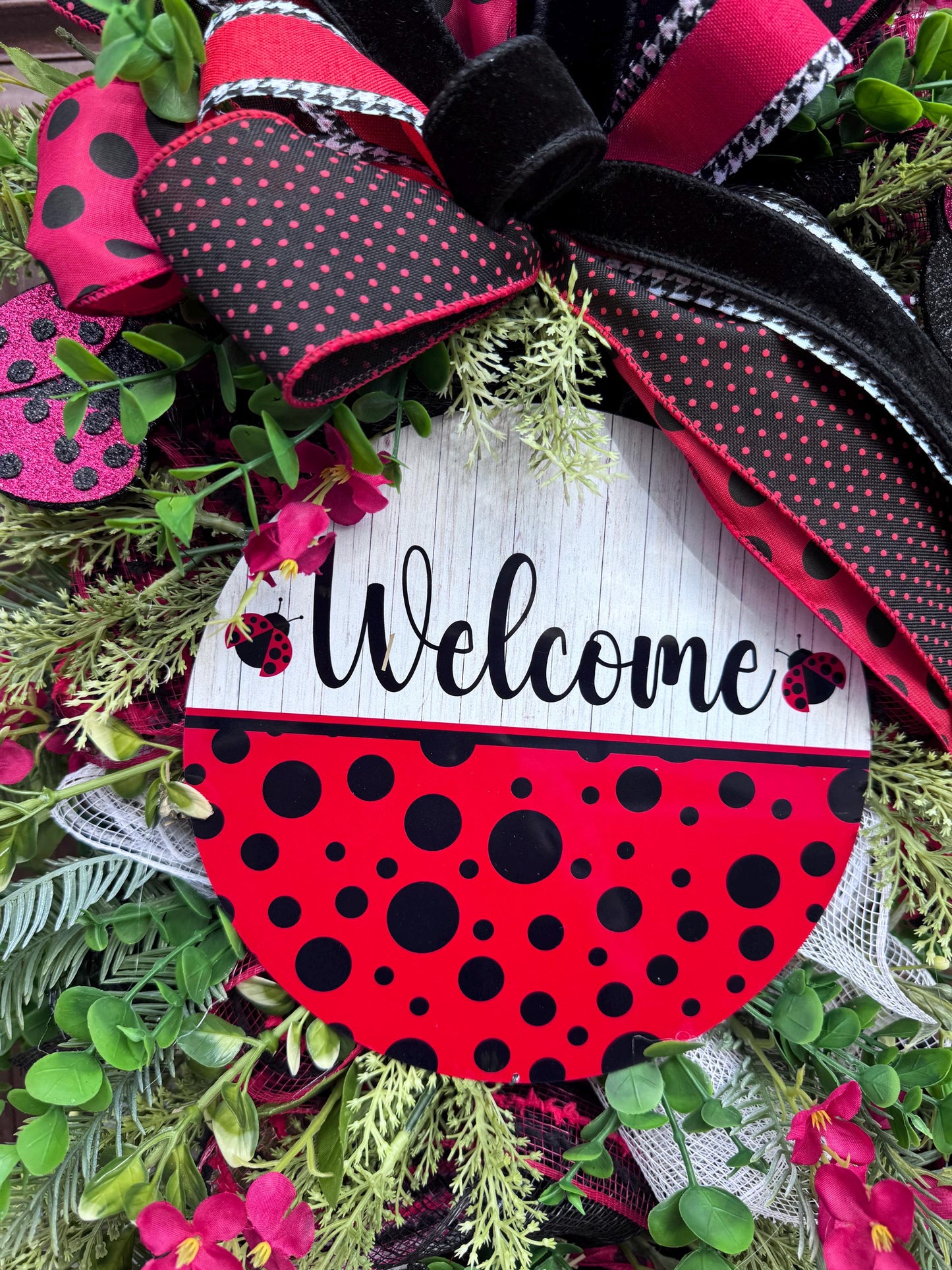 Ladybug Swag Wreath for Front Door, Spring Summer Wreath for Outdoor Porch or Indoor Office Wall Hanging, Summer Home Decor for Front Entry