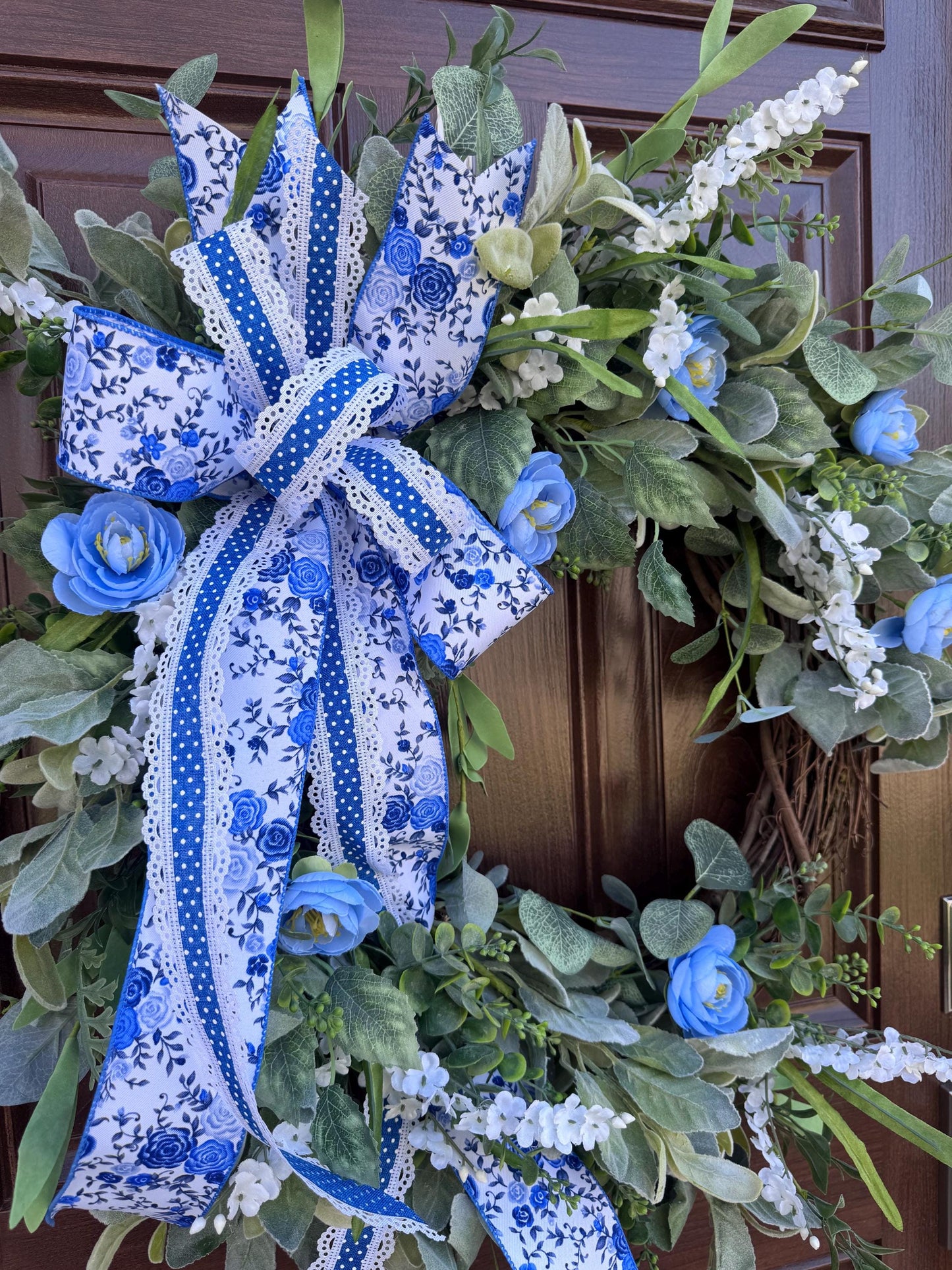 Spring Floral Grapevine Door Wreath, Lambs Ear and Rose Wreath, Spring Summer Door Decor, Farmhouse Welcome Wreath for Outdoor Porch