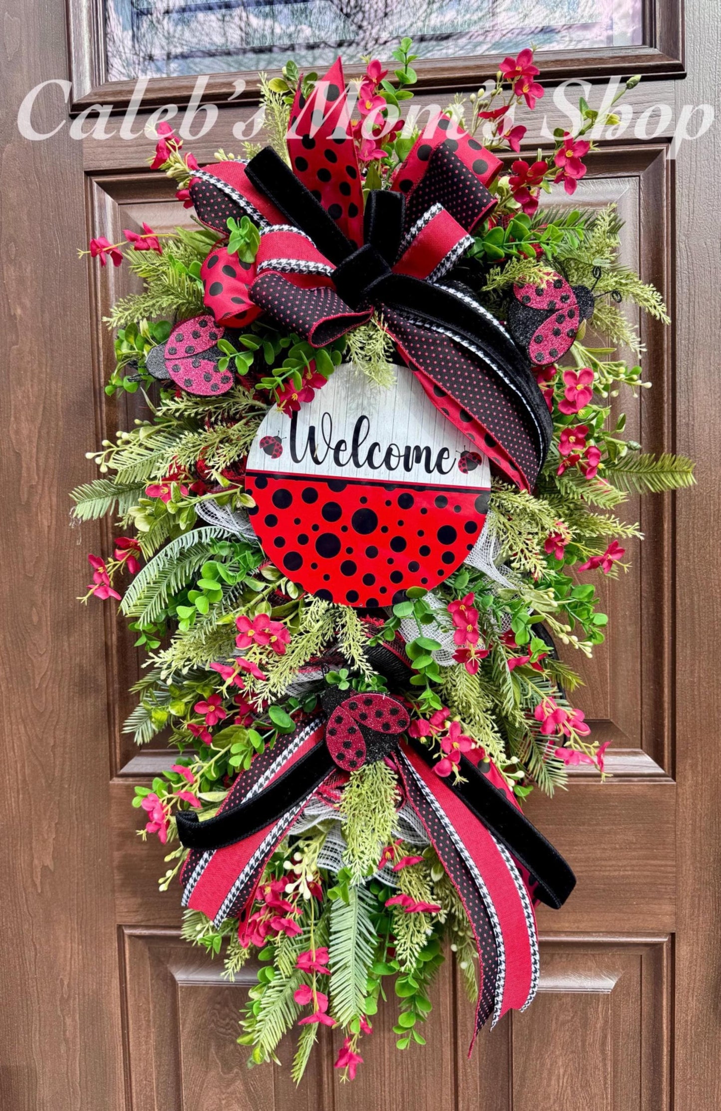 Ladybug Swag Wreath for Front Door, Spring Summer Wreath for Outdoor Porch or Indoor Office Wall Hanging, Summer Home Decor for Front Entry
