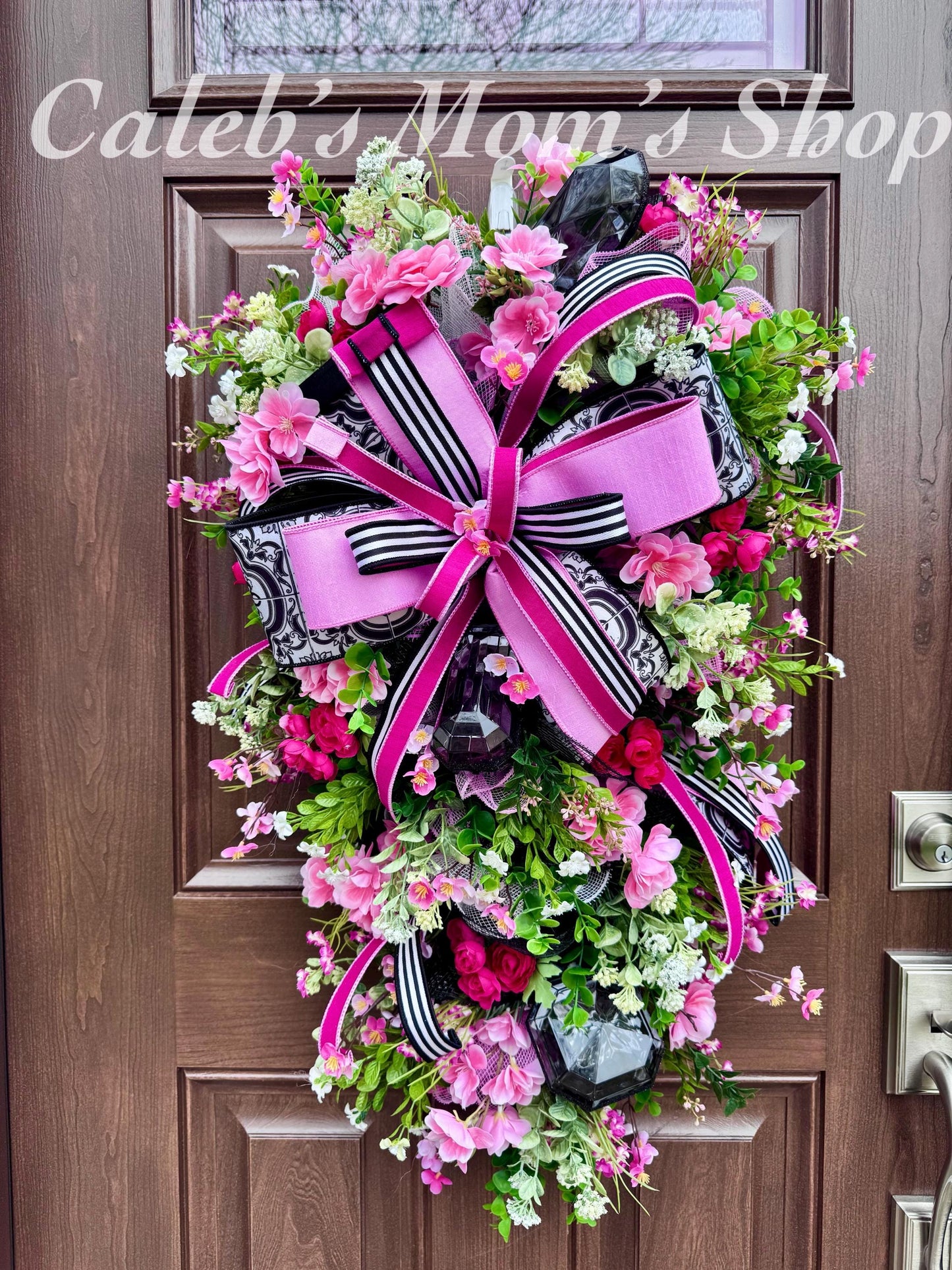 Elegant Pink and Black Jewel Swag Wreath for Front Door, Glam Floral Wreath for Outdoor Porch or Indoor Wall Hanger, Mothers Day Gift