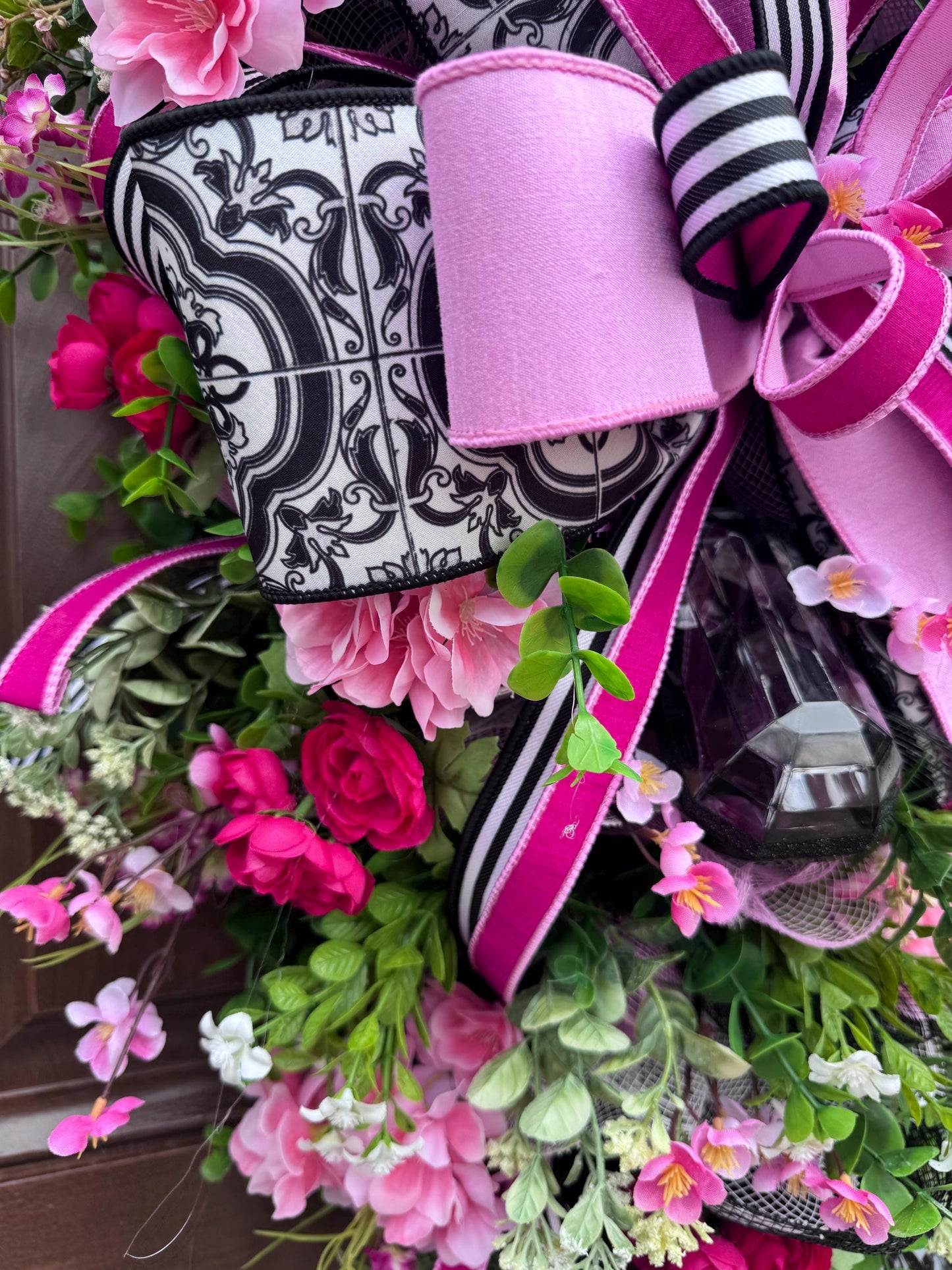 Elegant Pink and Black Jewel Swag Wreath for Front Door, Glam Floral Wreath for Outdoor Porch or Indoor Wall Hanger, Mothers Day Gift