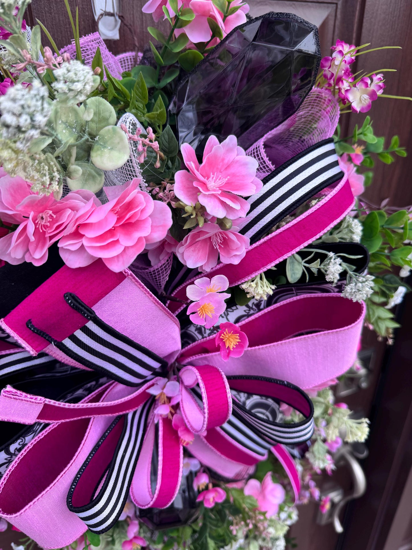 Elegant Pink and Black Jewel Swag Wreath for Front Door, Glam Floral Wreath for Outdoor Porch or Indoor Wall Hanger, Mothers Day Gift