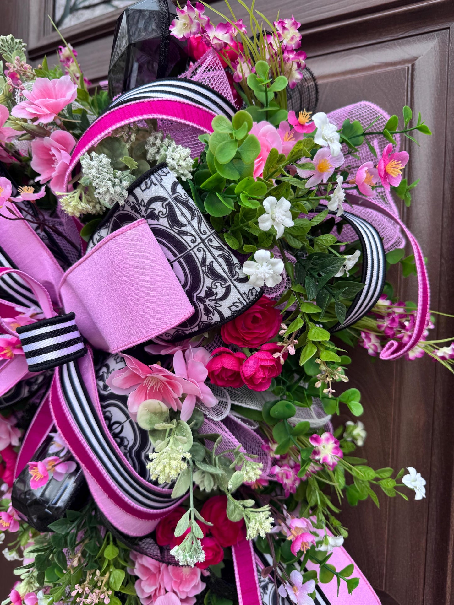 Elegant Pink and Black Jewel Swag Wreath for Front Door, Glam Floral Wreath for Outdoor Porch or Indoor Wall Hanger, Mothers Day Gift