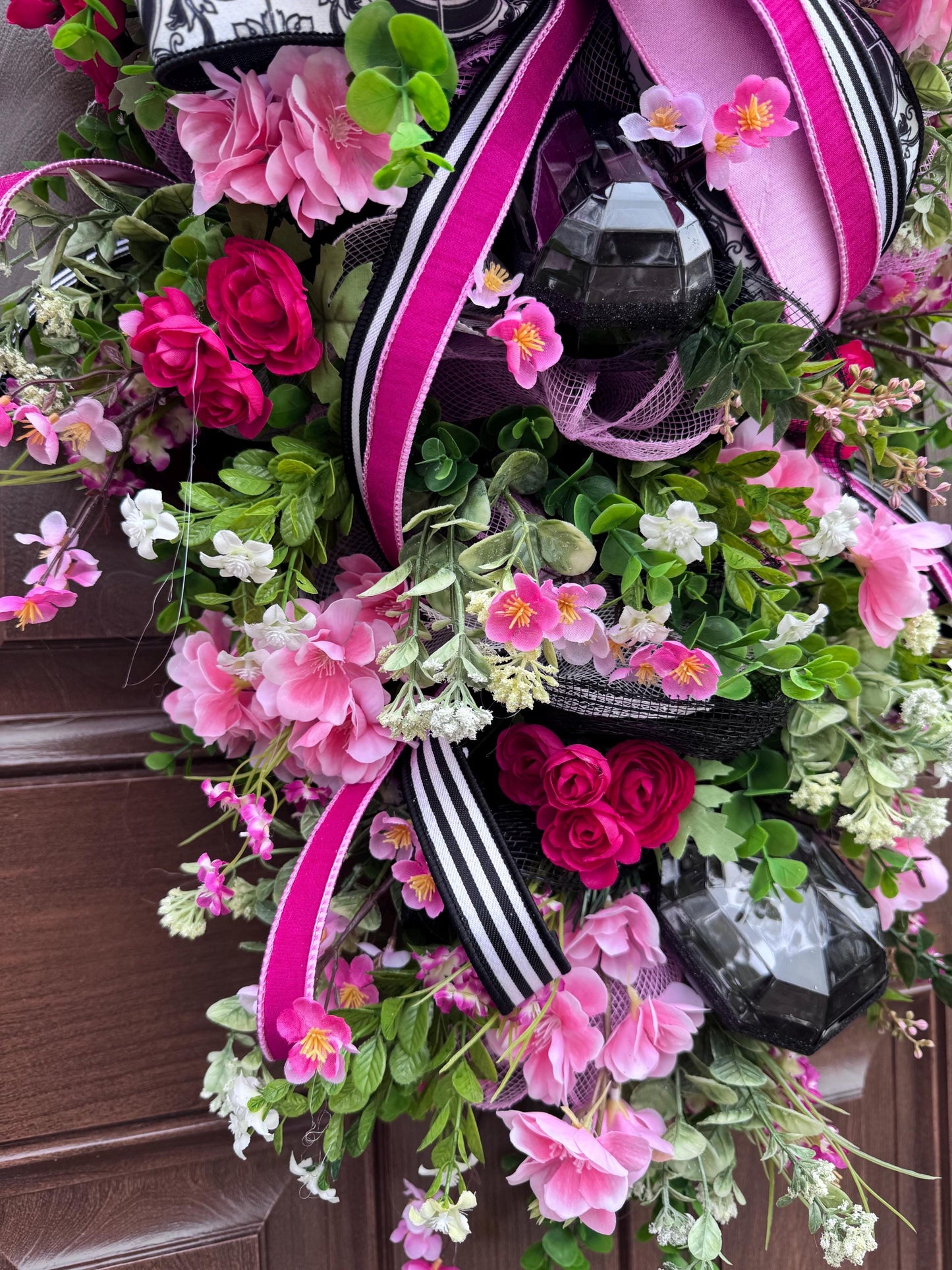 Elegant Pink and Black Jewel Swag Wreath for Front Door, Glam Floral Wreath for Outdoor Porch or Indoor Wall Hanger, Mothers Day Gift